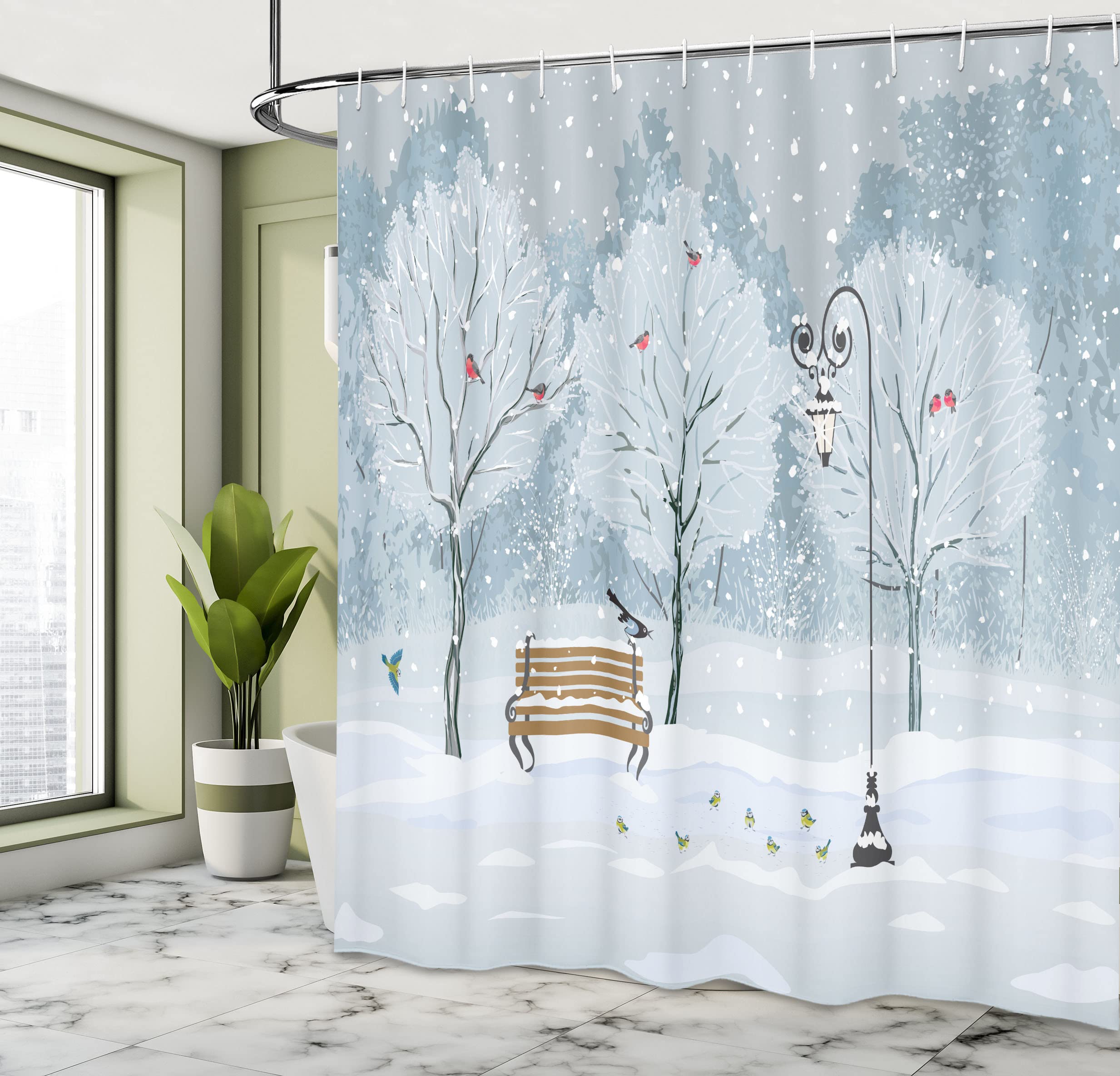 Ambesonne Christmas Shower Curtain, Snow Falling In The Park On A Cold Winter Day Birds Xmas Season Theme Picture, Cloth Fabric