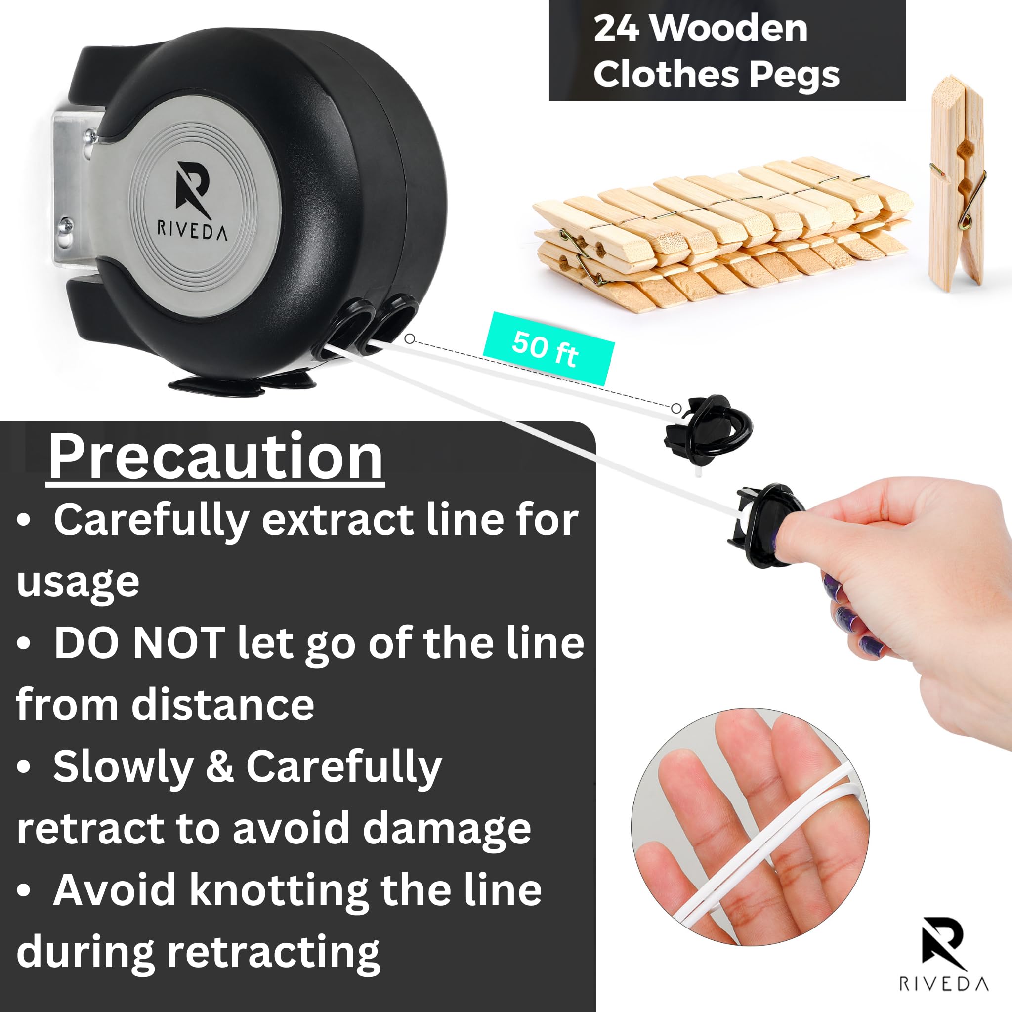 Riveda Retractable Double Clothesline With 24 Clothes Pins - Heavy Duty Clothes Line Indoor & Outdoor Laundry Line - (2 X 50 Fee