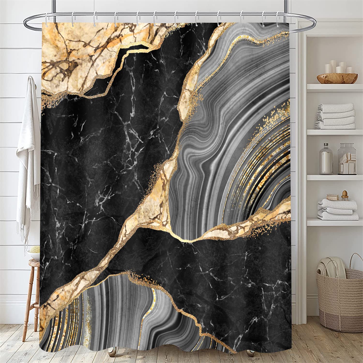 Nkzply 4 Pcs Black Marble Shower Curtain Sets With Rugs Gold Bathroom Sets With Shower Curtain And Rugs Modern Abstract Grey Bat