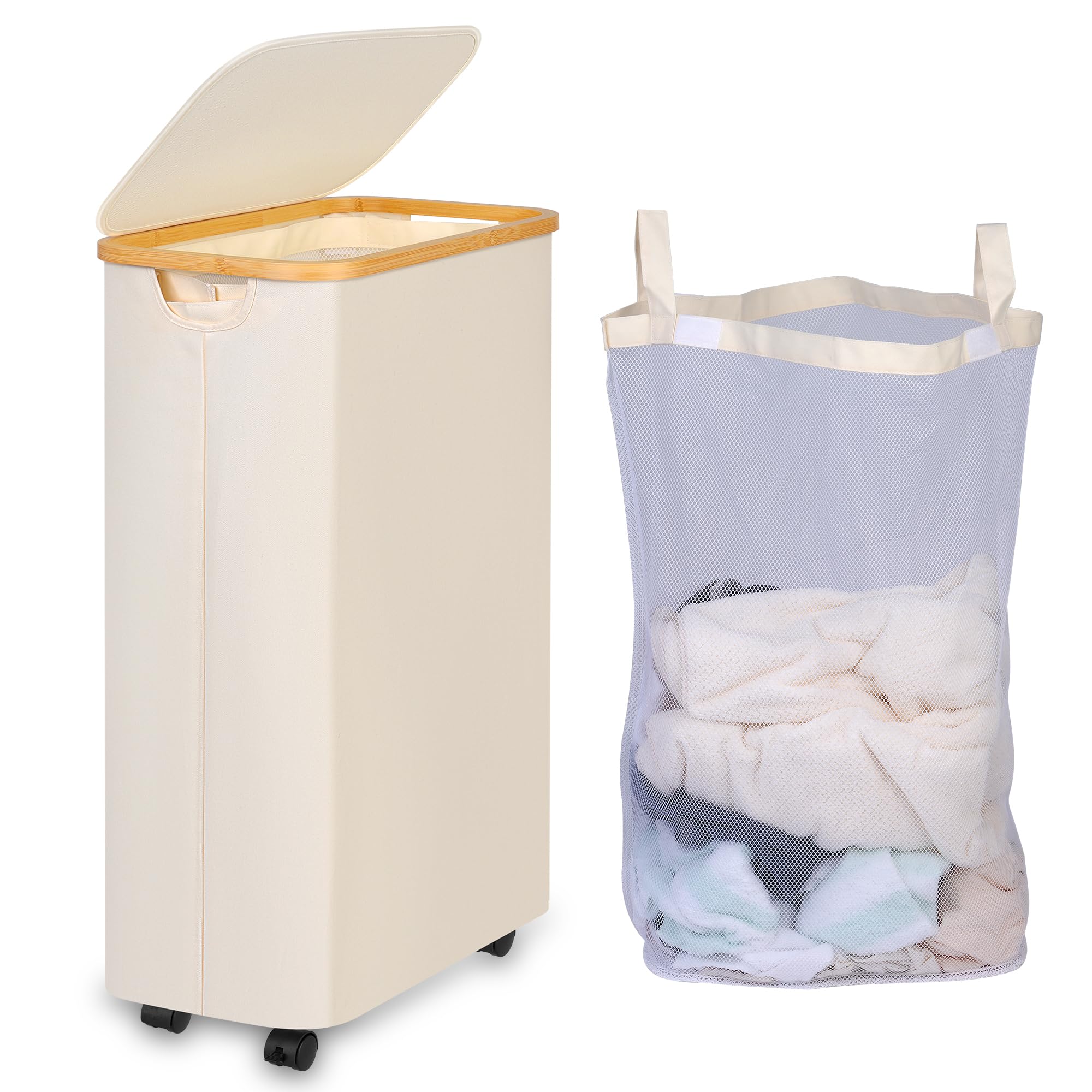 Iegrow 75L Slim Laundry Hamper With Wheels,Clothes Hamper For Laundry,Laundry Basket With Lid & Inner Bag,For Laundry Room, Bedr