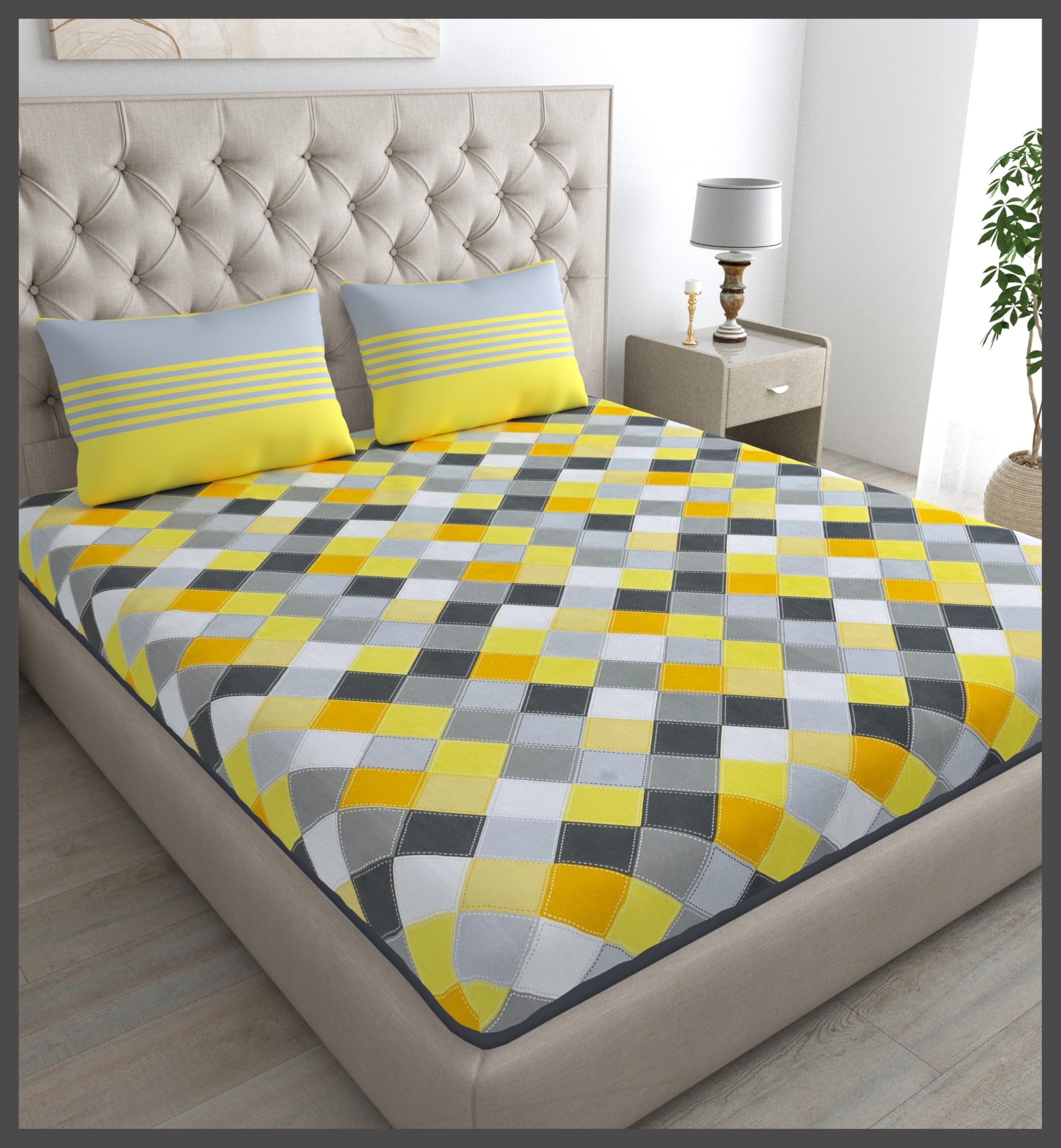 Jaipur Prints Bedsheet Set With 2 Pillow Covers, Yellow Grey White Checkered Pattern, Double Bed, Geometric Design 100% Cotton