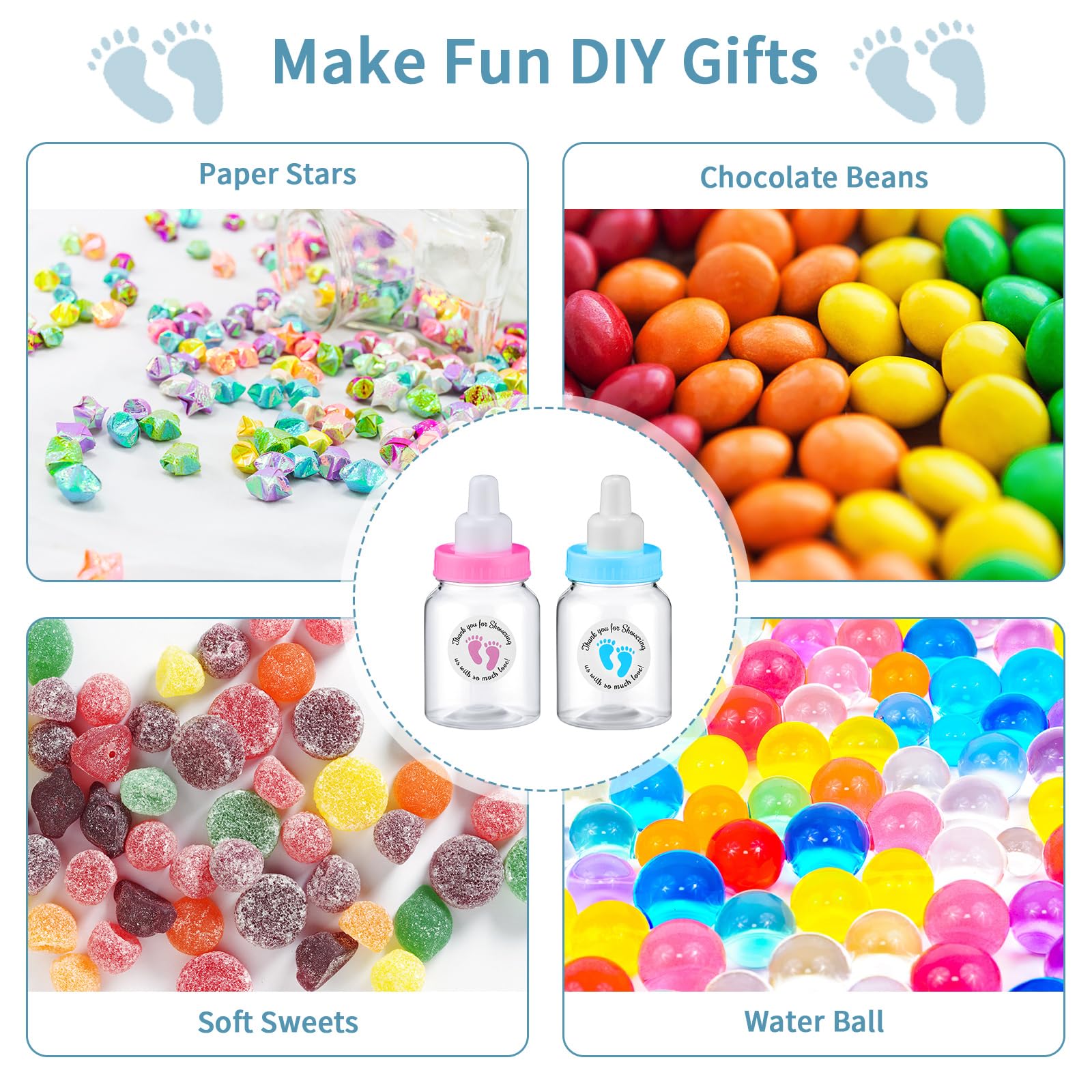Tondiamo 48 Pcs 1.5 X 3.5 Inch Baby Shower Mini Milk Bottle With 500 Adhesive Thank You Showering Stickers, Plastic Fillable Gif
