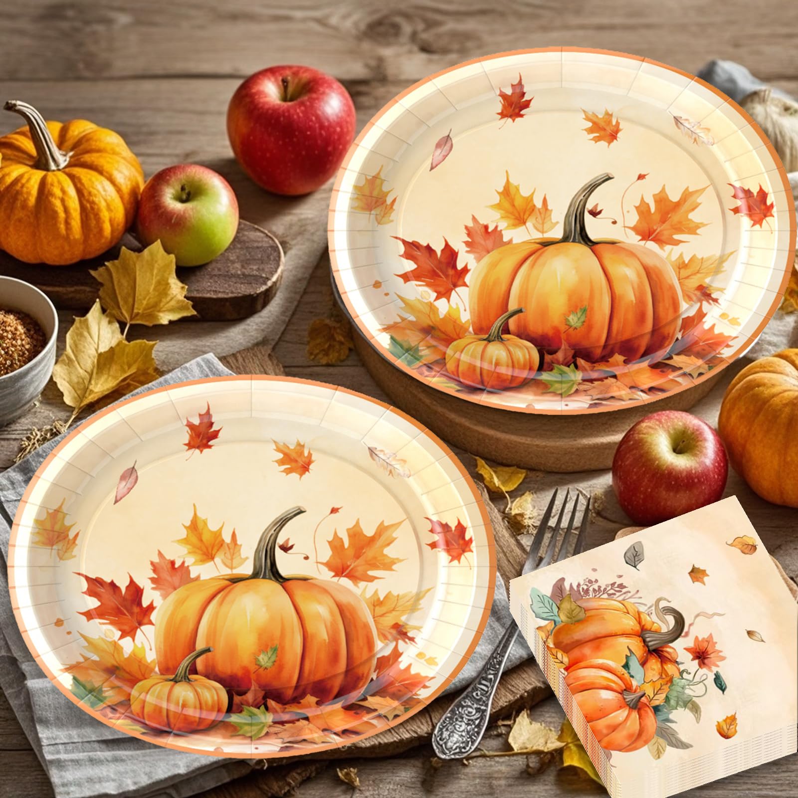 UODBUYO 100Pcs Thanksgiving Oval Paper Plates and Napkins Set,10 x 12 Large Disposable Plates for Thanksgiving Party