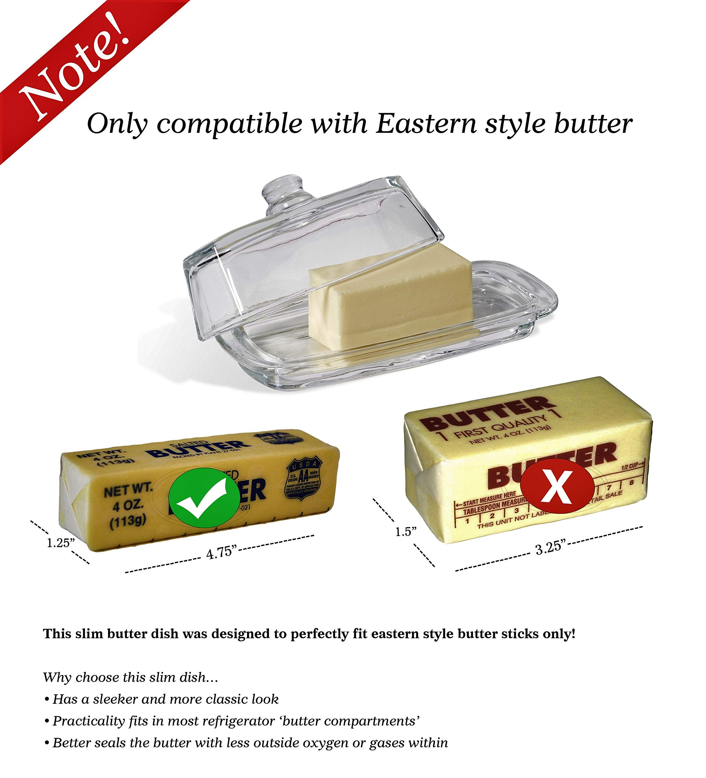 Bezrat Glass Butter Dish With Lid - Elegant Slim Tidy Cover With Handle - Crystal Clear Rectangular 2 Piece Design