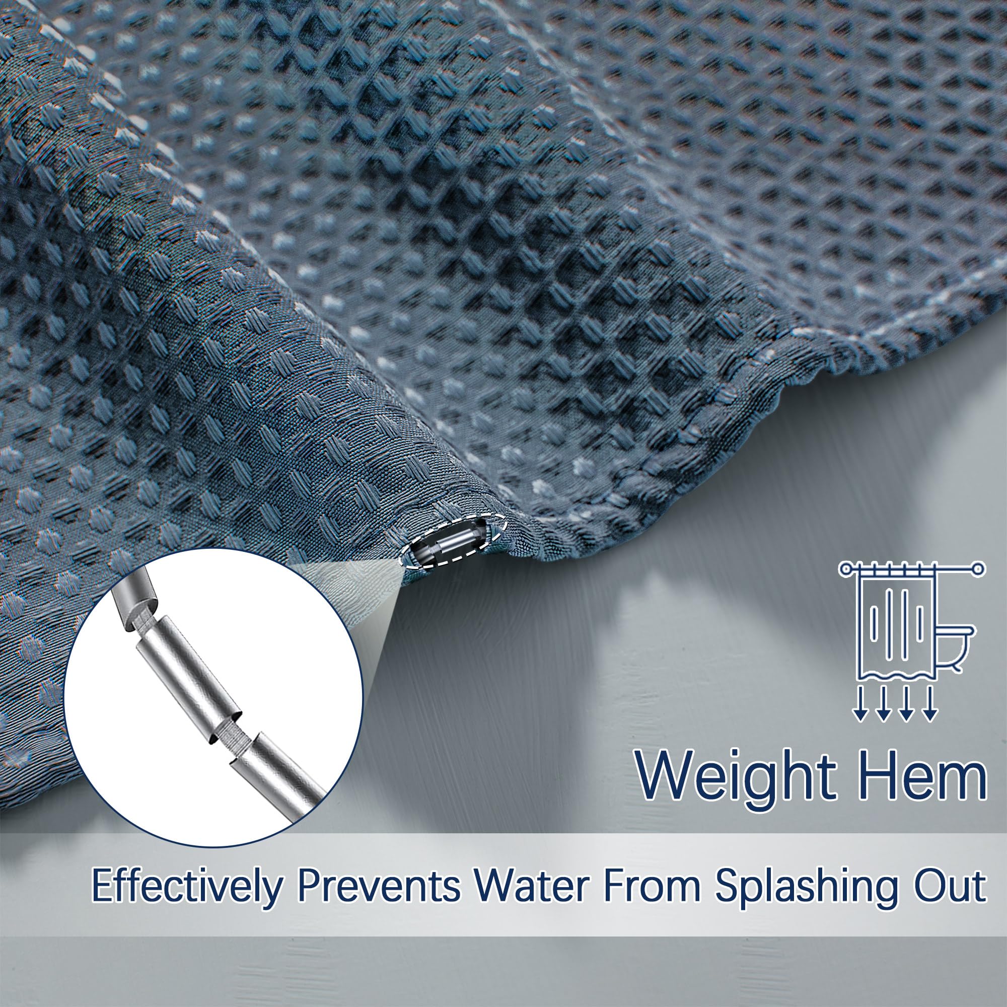 Pangsinne Shower Curtain Blue Water Resistant Waffle Weave Textured Heavy Duty Shower Curtain For Bathroom, 256Gsm Modern Thick