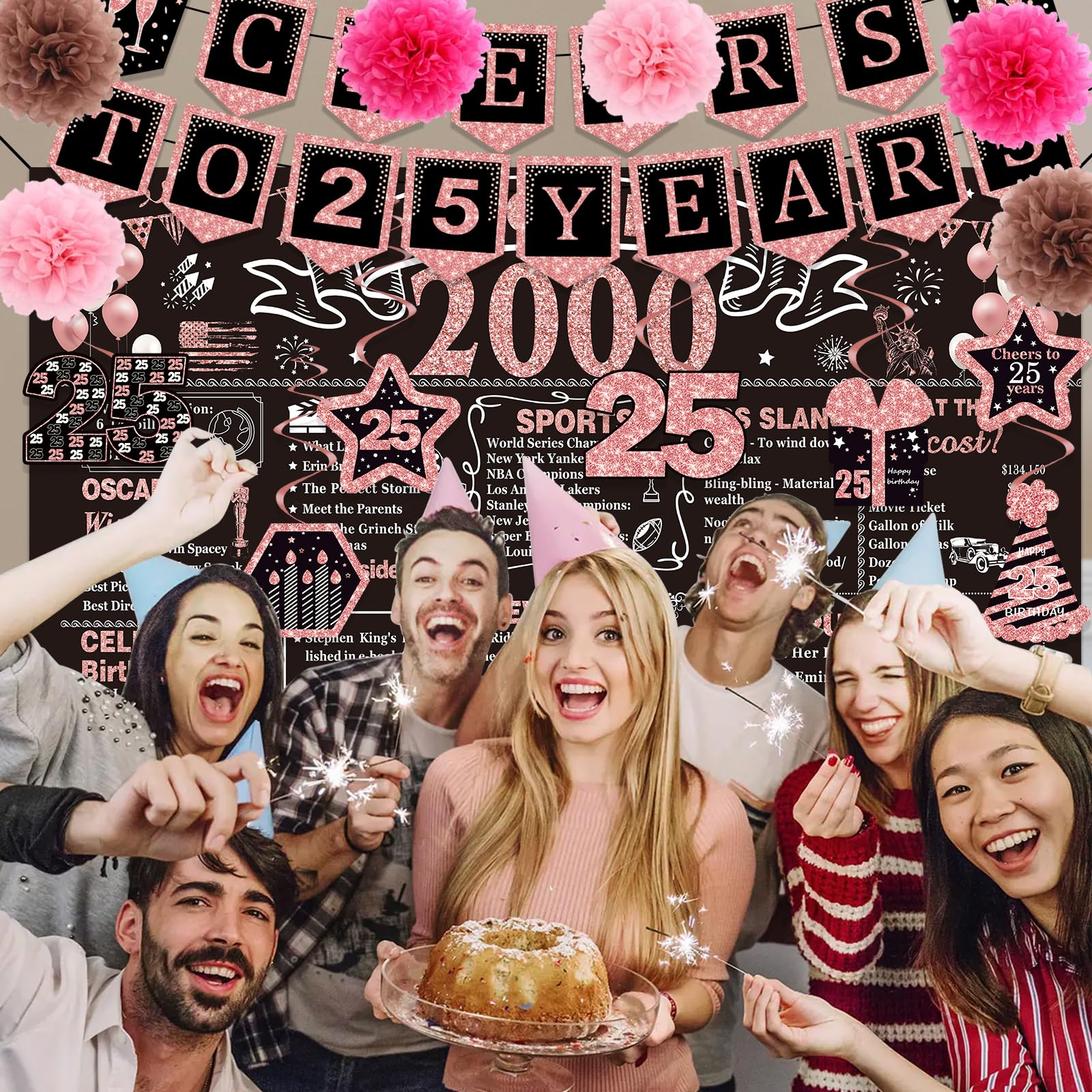 25Th Birthday Decorations For Women,24Pcs 2000 Banner Decorations,Including Banner,6 Honeycomb Topper,25 Balloons,Anniversary Ca