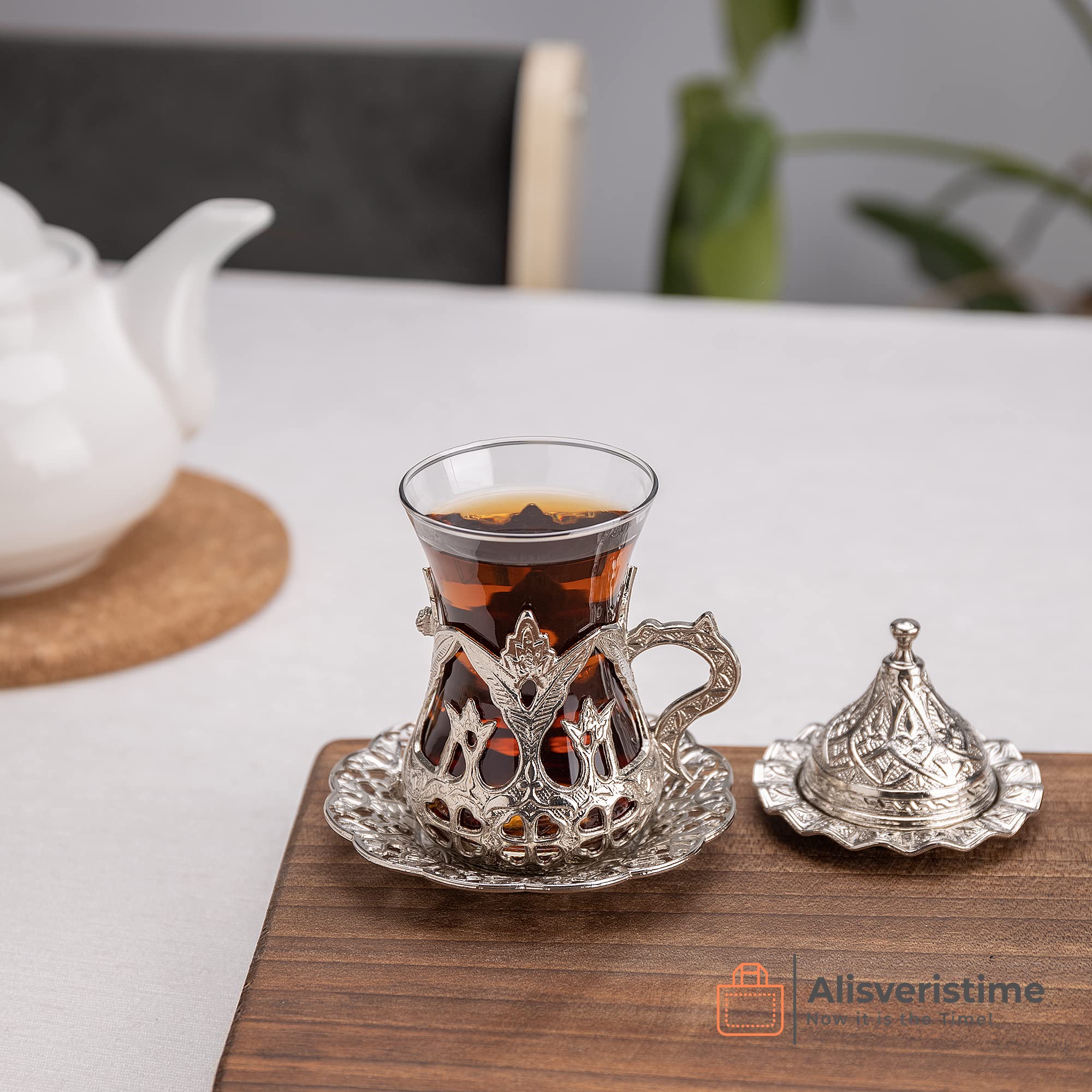 Alisveristime (Set Of 6 Handmade Turkish Tea Water Zamzam Serving Set Glasses Saucer (Silver)