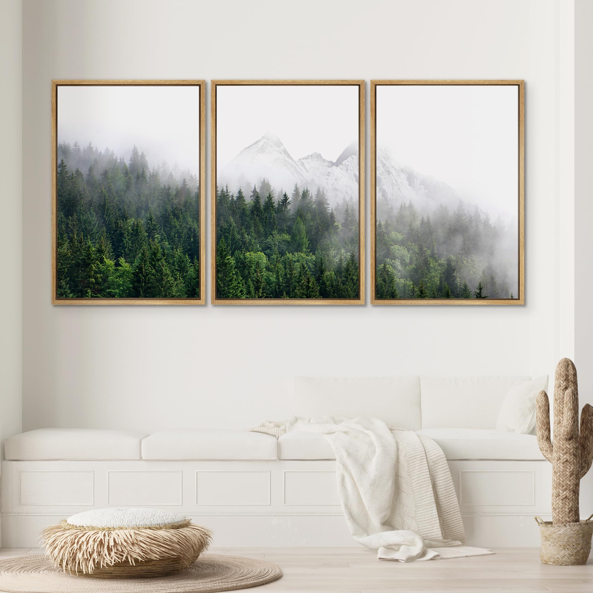 SIGNWIN Framed Canvas Print Wall Art Set Winter Mountain Misty Forest View Nature Wilderness Photography Modern Art Rustic Landscape Relax/Calm for Living Room  Bedroom  Office - 16''x24''x3 Natural