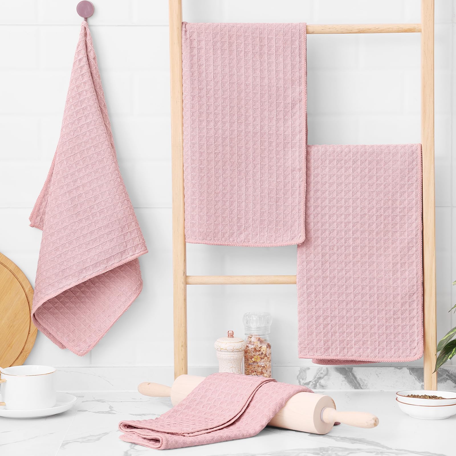 Homaxy Premium Microfiber Waffle Weave Kitchen Towels, 16 X 28 Inch Ultra Absorbent And Solid Color Dish Towels, 4 Pack, Pink