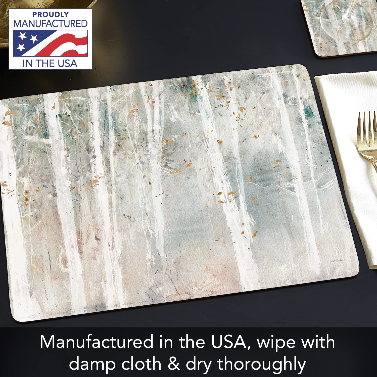 Cala Home Woodland Walk Decorative Hardboard Cork Back Tabletop Placemats 4 Pack Manufactured In The Usa Heat Tolerant And Easil