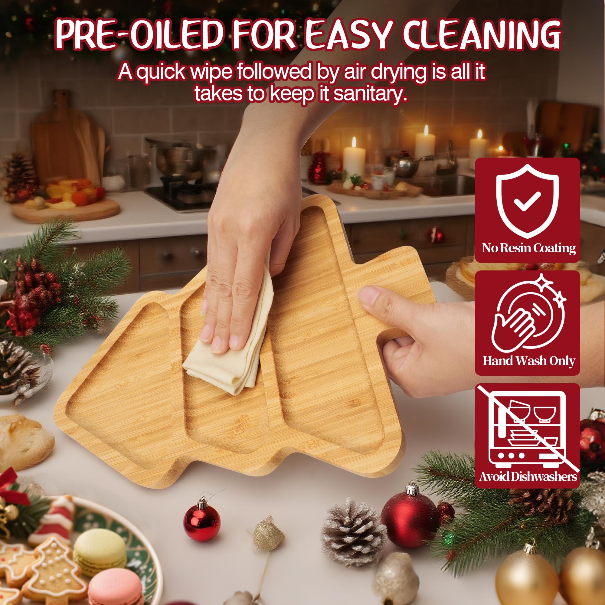 Christmas Serving Tray, Bamboo Christmas Tree Serving Platter with 3 Compartments, Charcuterie Board Serving Dishes 11.8 x 8.7 f