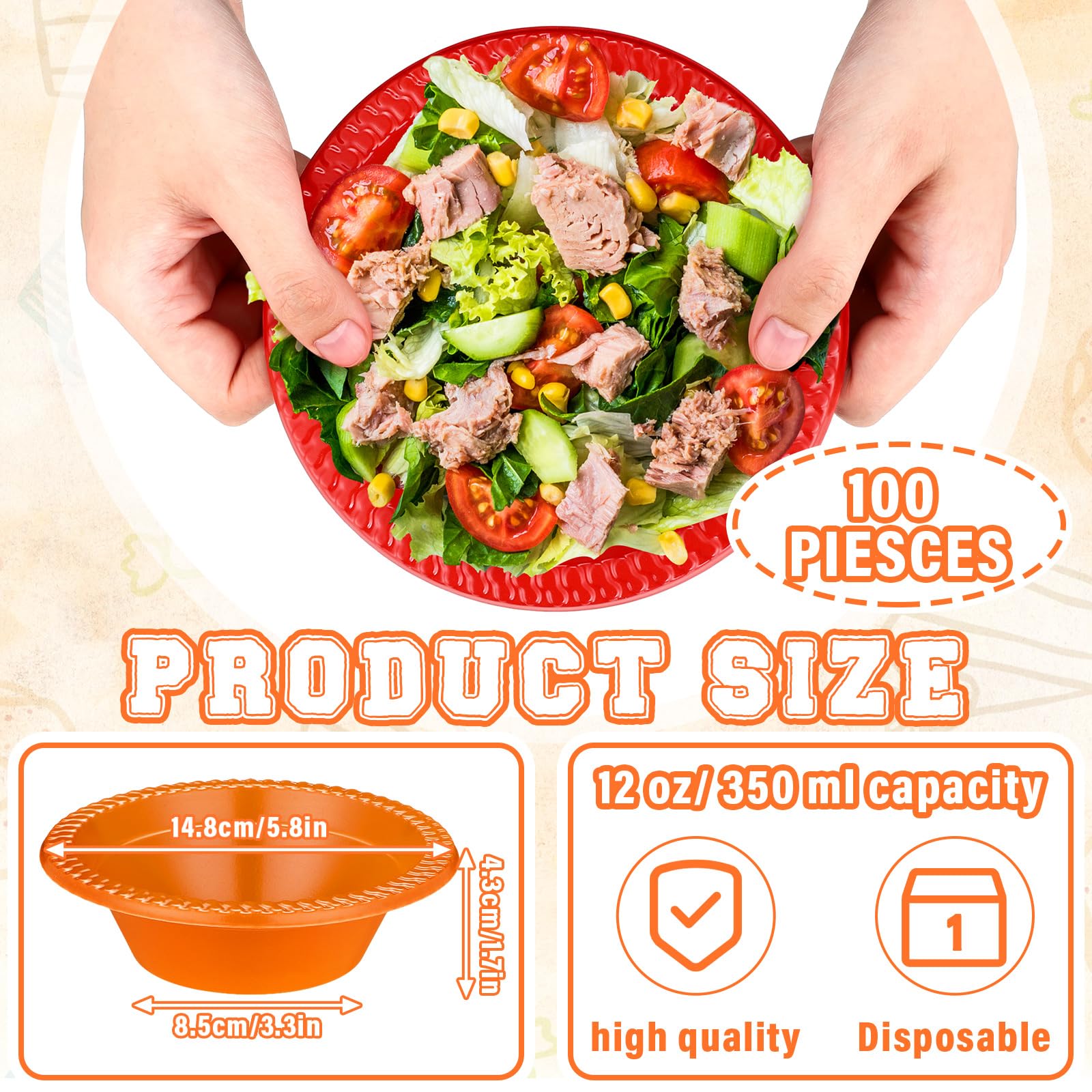 Lallisa 100 Pcs 12oz Colorful Disposable Plastic Bowls Dessert Cups Ice Cream Snack Salad Soup Food Serving Bowls for Autumn Tha