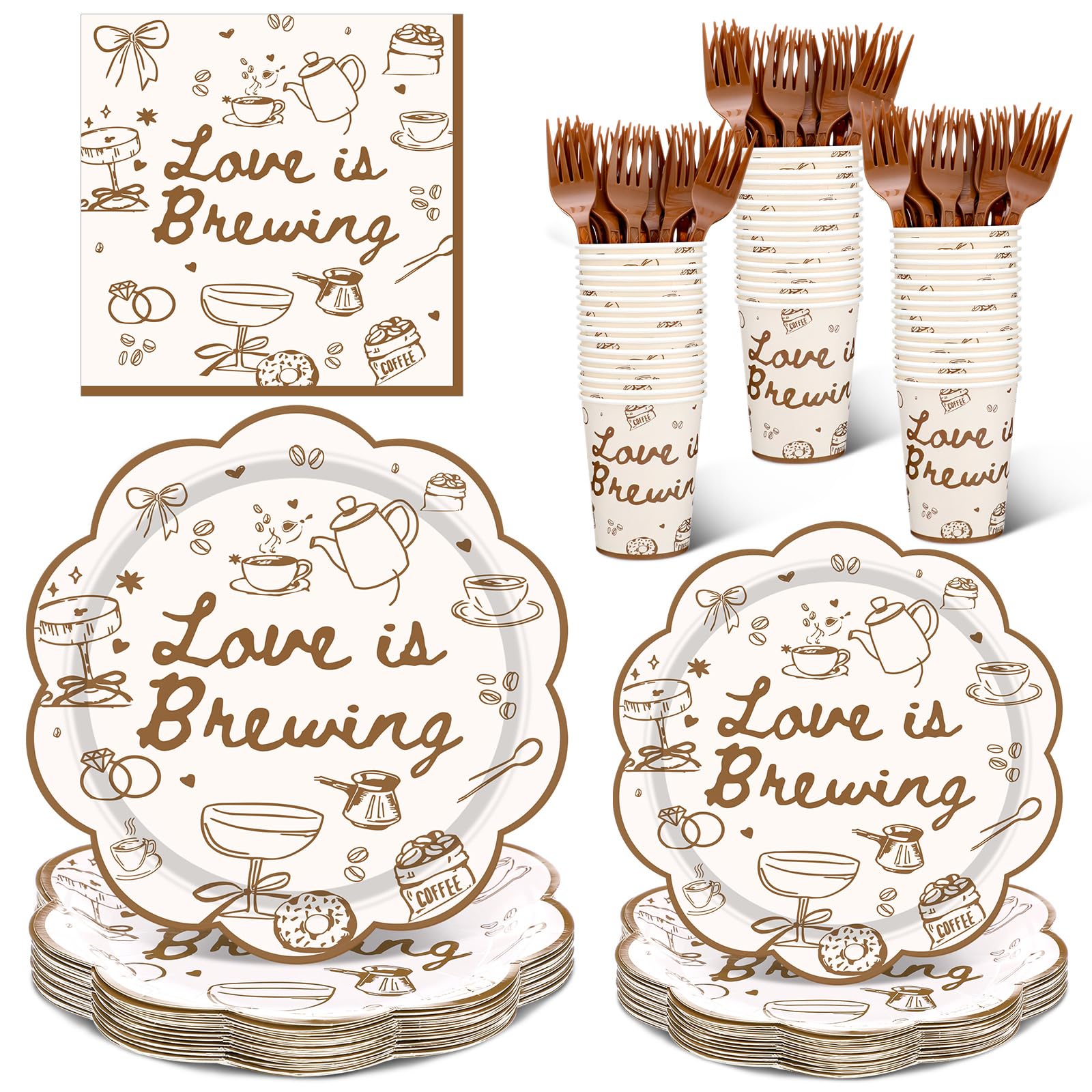 Zubebe 120 Pieces Love Is Brewing Bridal Shower Decorations Party Supplies Favors for 24 Guests, Paper Plates (7 and 9 Inch), Cu