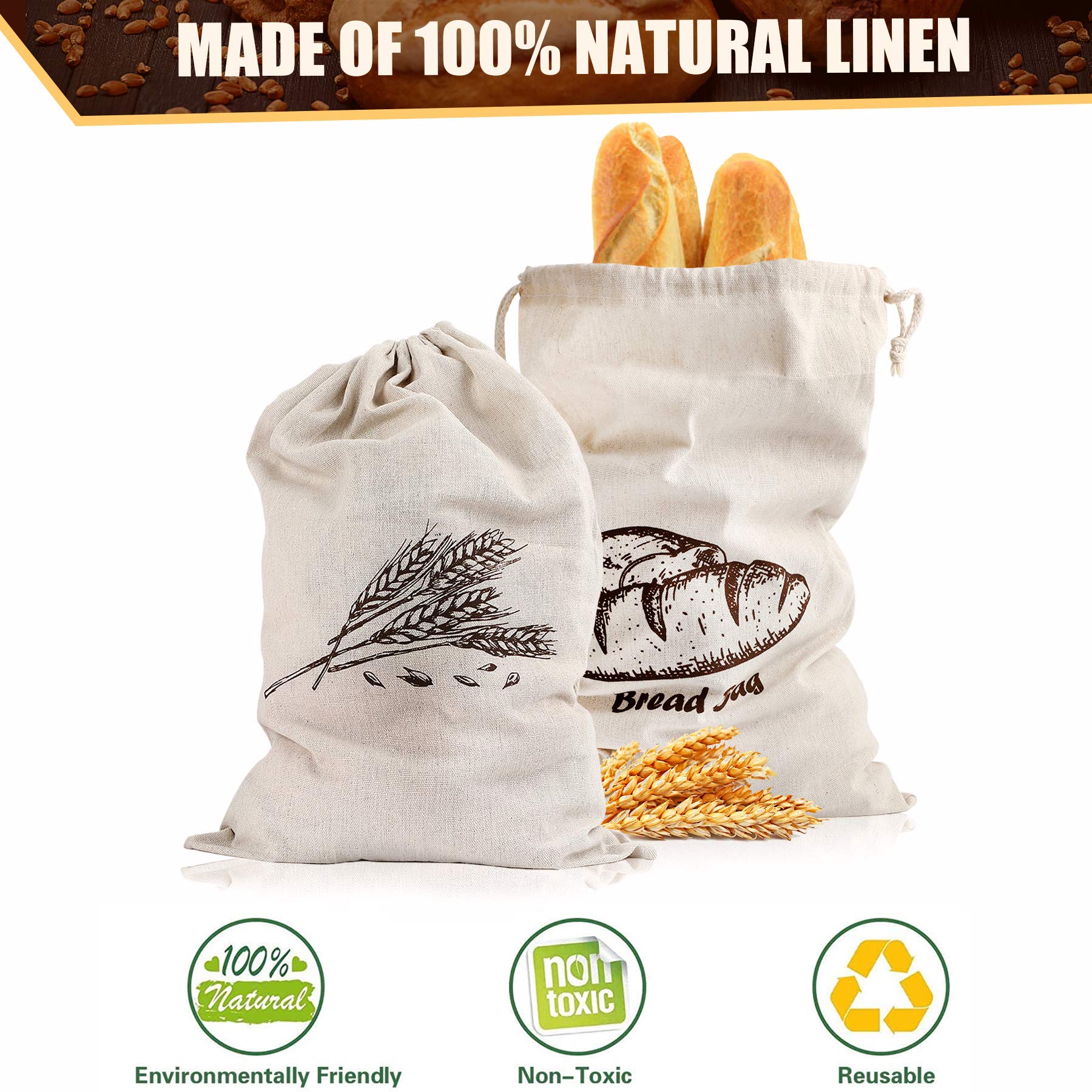 Augshy Linen Bread Bags - Reusable Unbleached Storage for Artisan Bread, 4 Pcs, 17.5"x11.5", Green, Model 1833-5329
