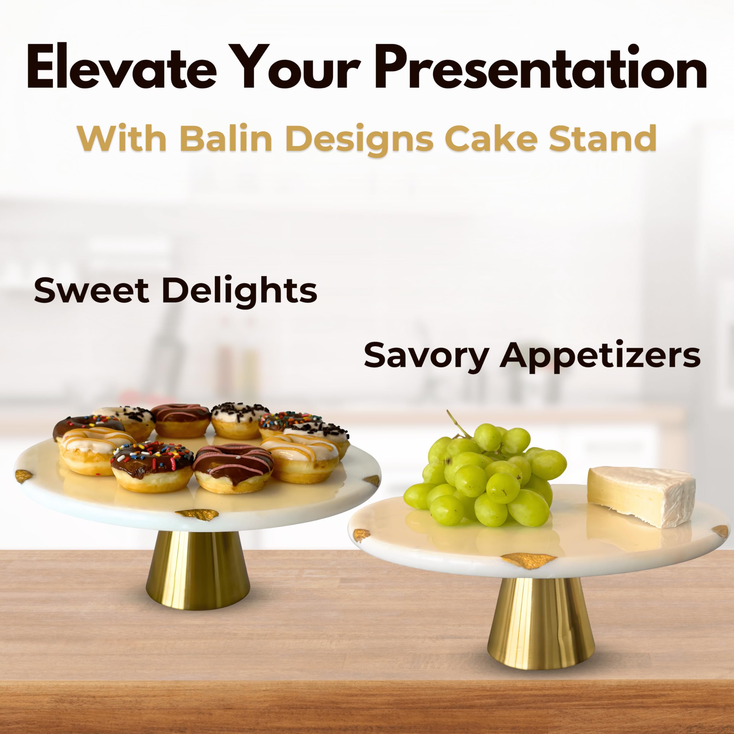 Real Marble Cake Stand By Balin Designs - White Marble 12'' Round Cake Stand With Gold Stand - Smoothly Versatile Cake, Cupcake