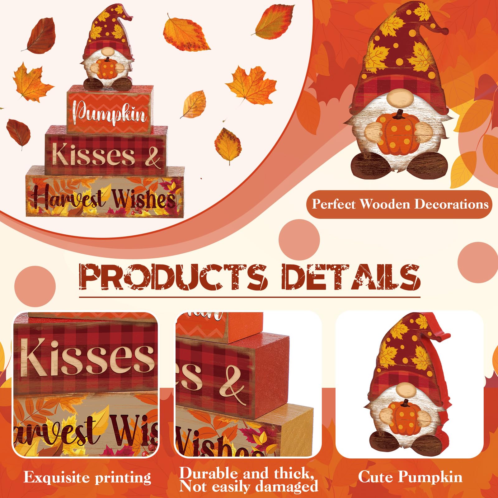 4 Pcs Fall Thanksgiving Decor for Home Gnomes Wooden Signs with Sayings Fall Gnomes Tiered Tray Decor Autumn Harvest Tabletop Ce