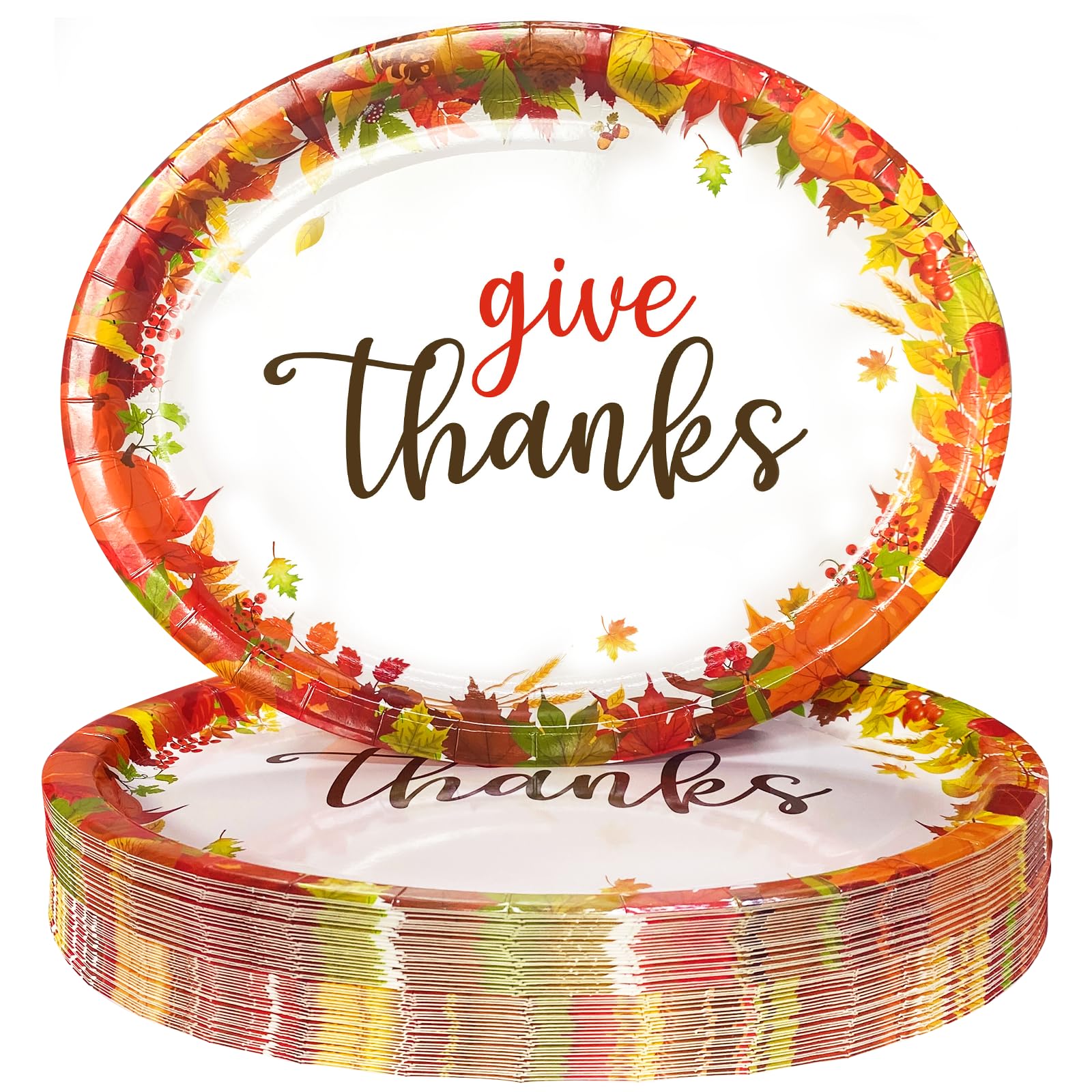 AinDen Thanksgiving Paper Plates 50 Pack, 10.2 x 12.6 Inch Heavy Duty Disposable Plates for Thanksgiving Dinner, Fall Harvest Pa