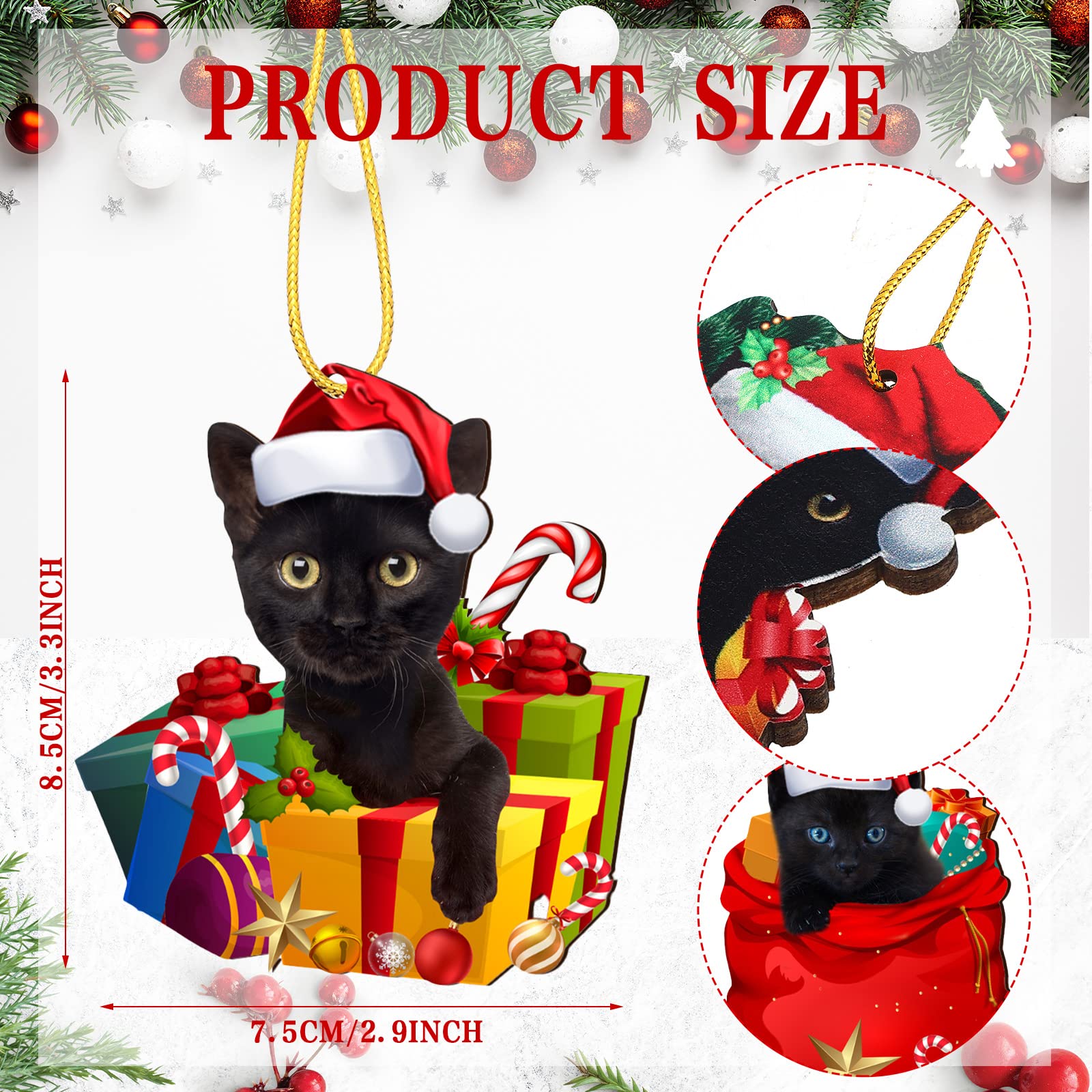 Bucherry 24 Pieces Christmas Black Cat Ornaments Wood Christmas Hanging Ornaments Wooden Cute Black Cat Ornaments Set for Christ