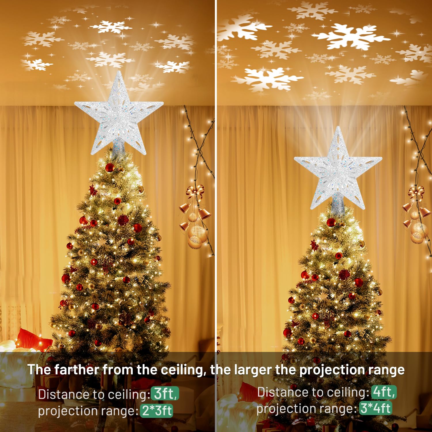 Mrrihand Christmas Tree Topper Lighted with 6 Projection Modes, Christmas Star Tree Topper Built-in LED Rotating Lights, Silver