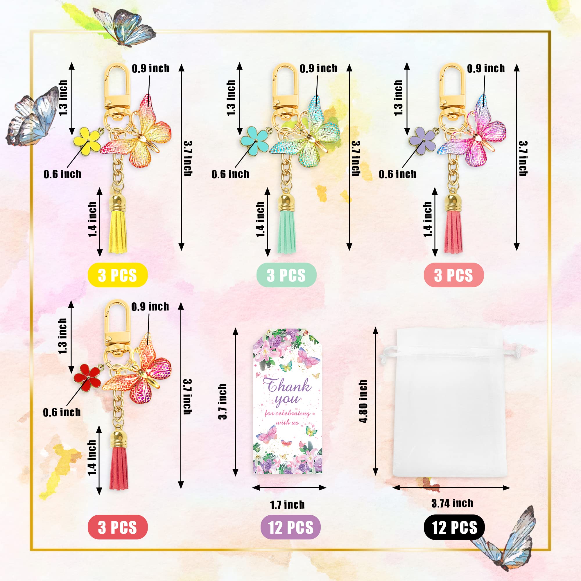 12 Sets Butterfly Party Favors Tassel Keychain Fairy Party Decorations With Laser Butterfly Flower Gauze Bag Thank You Cards For
