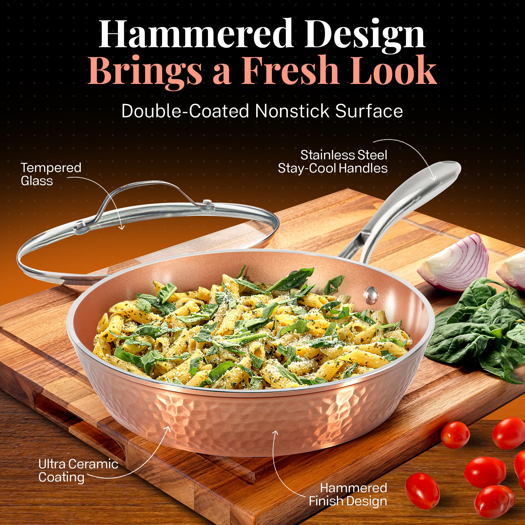 GOTHAM STEEL 15 Pc Hammered Copper Nonstick Cookware Set, PFOA Free, Induction Ready, Oven & Dishwasher Safe