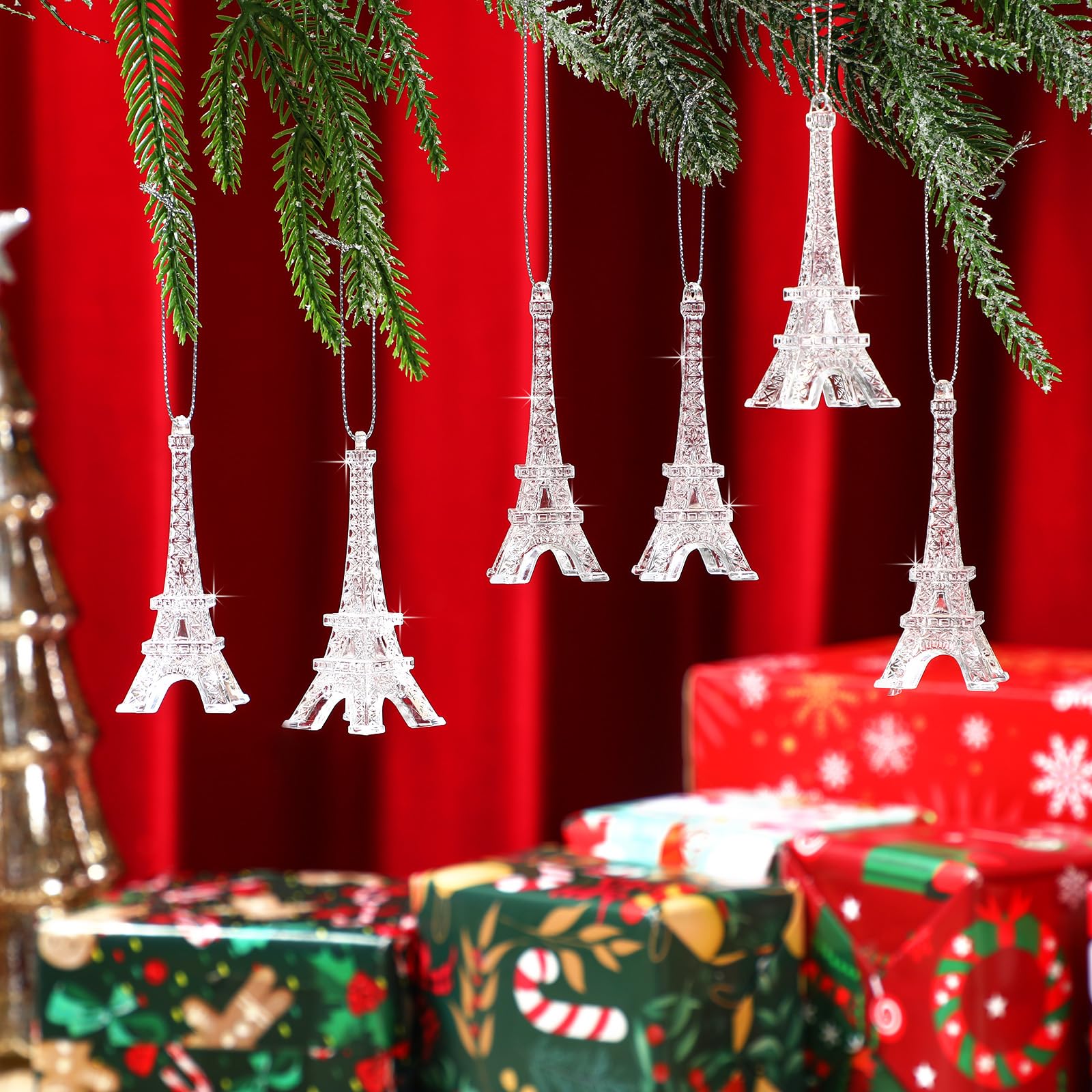 Thyle 24 Pcs Eiffel Tower Christmas Tree Ornaments Silver Glitter Paris Decorations Acrylic Eiffel Tower Hanging Ornaments for C