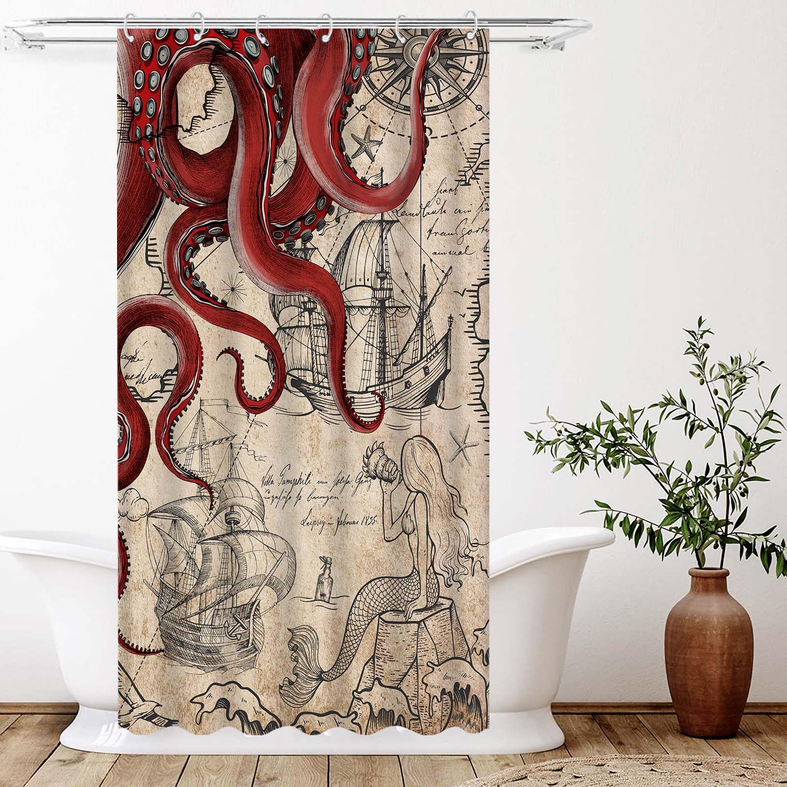 Fungarth Stall Vintage Red Nautical Octopus Shower Curtain Mermaid Funny Ocean Kraken Shower Curtains For Bathroom Cool Anchor C