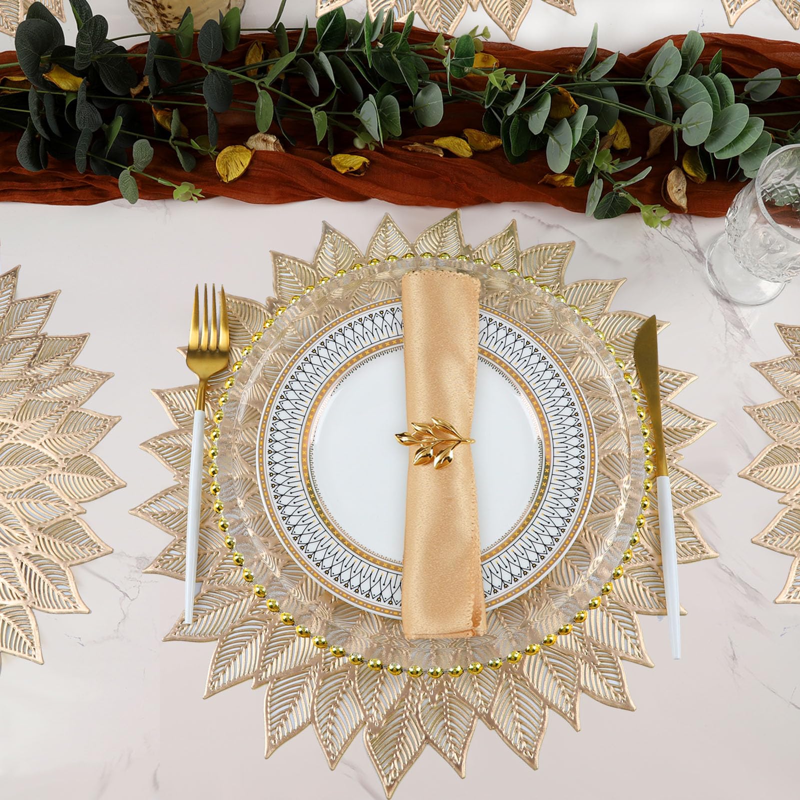 Mabbcoo Placemats Set Of 6, Round Hollow Out Flowers Place Mats For Dining Table Pressed Vinyl Blooming Leaf Table Mats For Holi