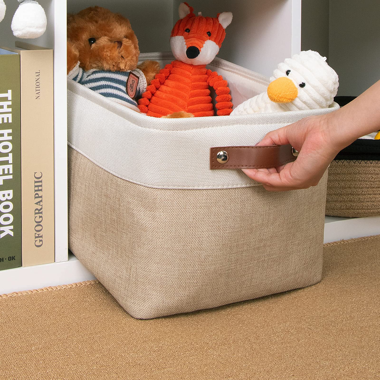 DULLEMELO Fabric Storage Basket for Shelves/Closets  Collapsible Rectangle Basket for Organizing Clothes  Toys  Towels  Books  Laundry  Nursery  Dog Toy Basket Empty (White&Khaki)