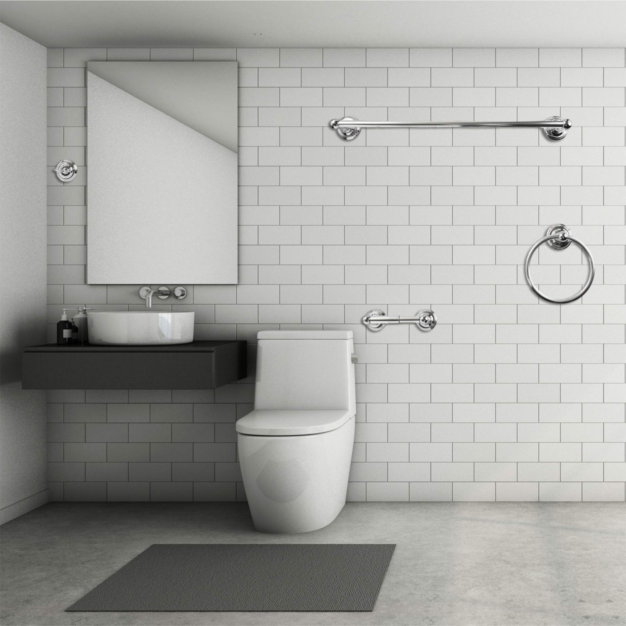 Sento Robiki Modern Silver Bathroom Hardware Accessories Set, Includes Robe Hook, Toilet Paper Holder, Towel Ring, 24'' Towel Ba