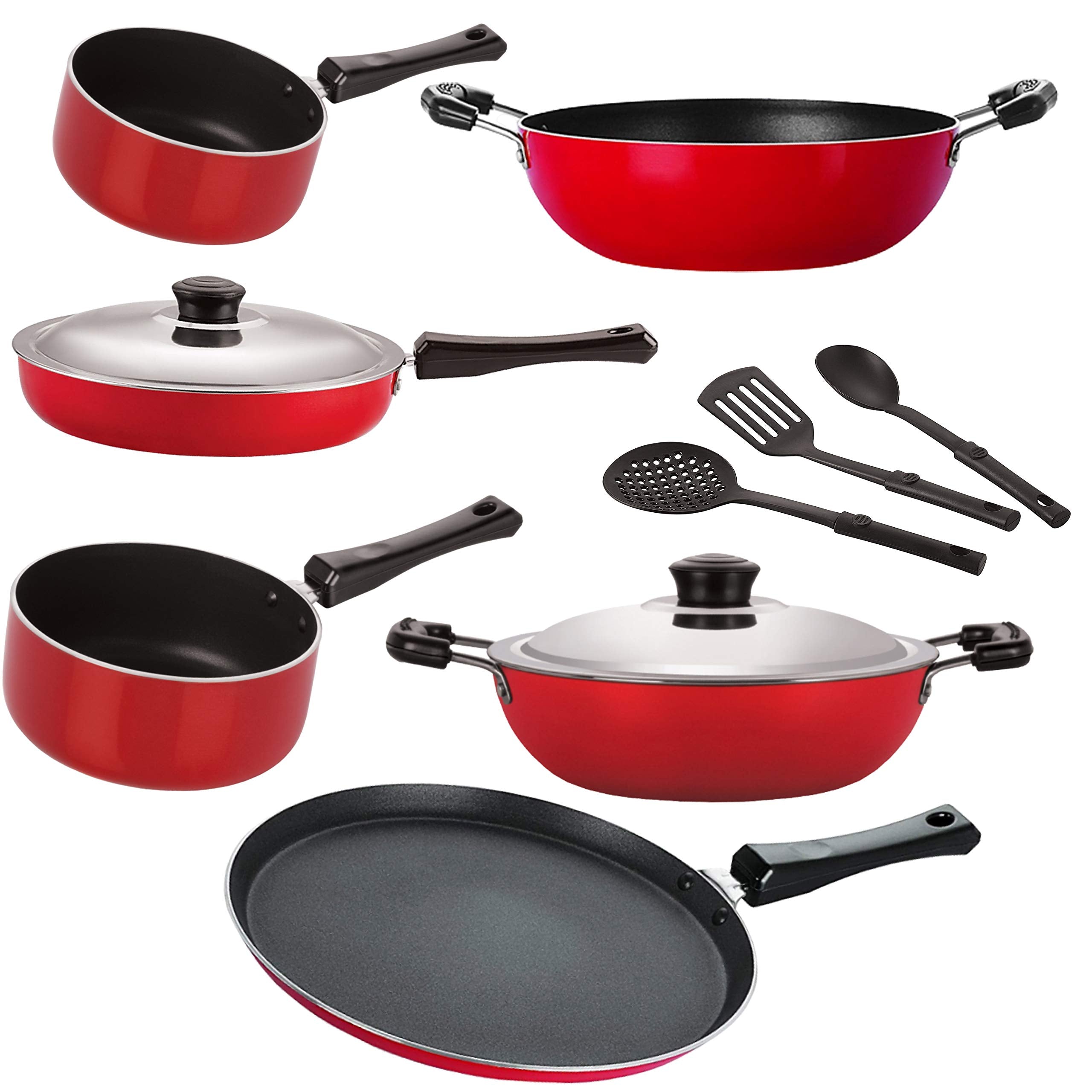 Nirlon Nonstick Cookware Set Standard, Dishwasher Safe, 9Pieces, Red, 2.6Mm_Ft13_Kd13_Dkdb_Spm_Spb_Fp12_3Spn