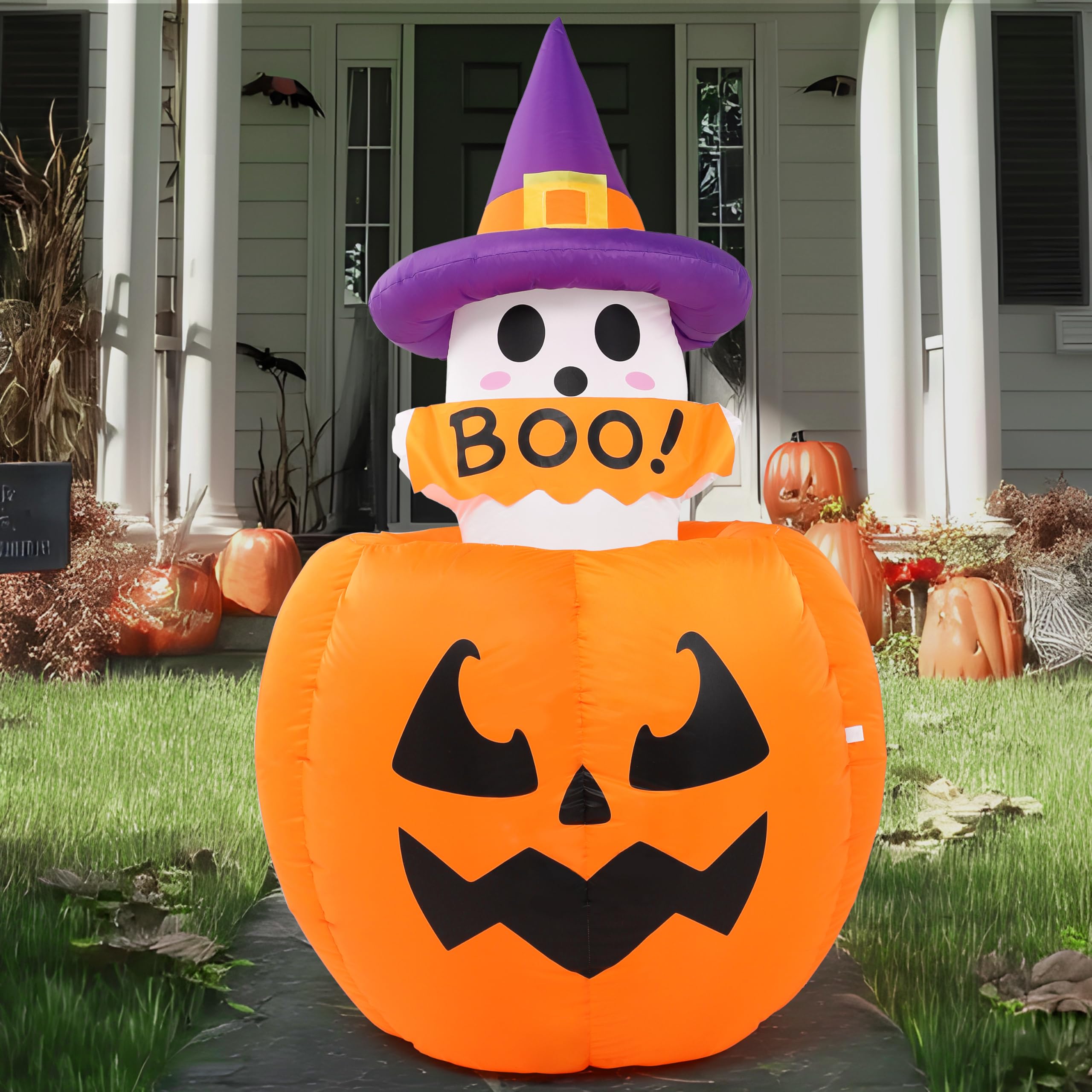 Joiedomi 5ft Tall Halloween Animated Inflatables Outdoor Decorations, Inflatable Ghost on Pumpkin with LEDs, Cute Blow Up Pumpki