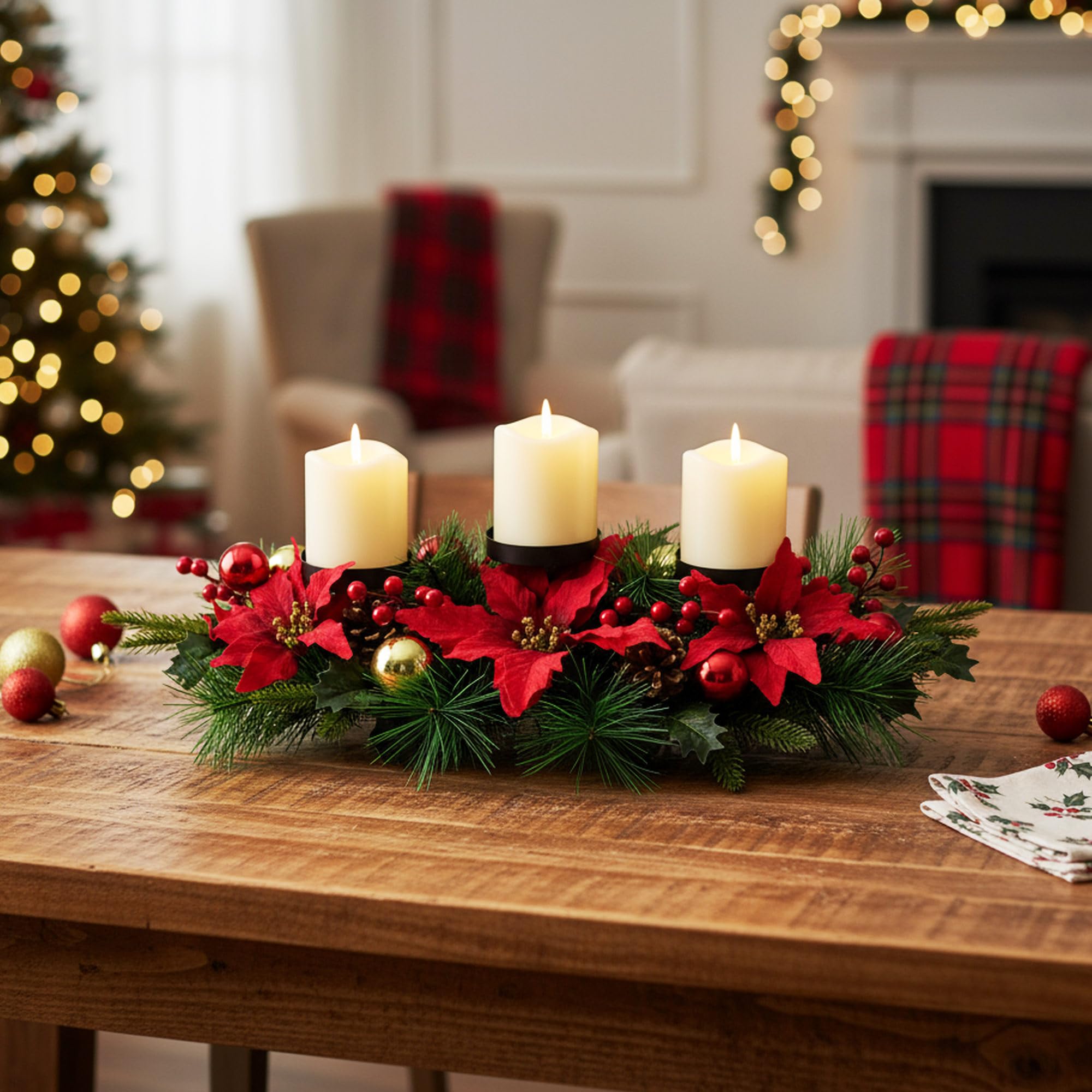 YULETIME 28 Christmas Triple Candelabrum, Holiday Candle Holder with Three Trays, Poinsettia, Red and Gold Baubles, Natural Pine