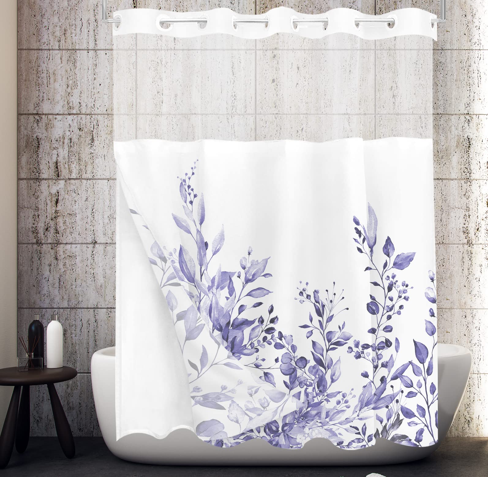 Tititex No Hooks Snap In Liner Very Peri Purple Eucalyptus Leaves Shower Curtain Sets, Hotel Luxury Double Layers Waterproof Fab