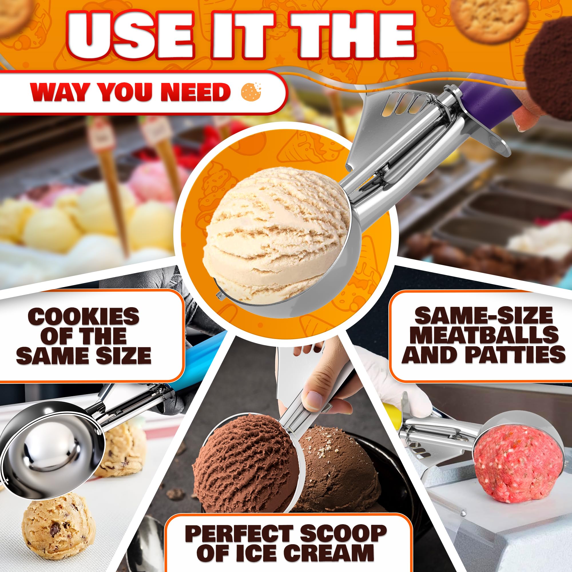 Cookie Scoop Set of 3 - Ice Cream Scoop with Trigger - Thanksgiving Cookie Scoops for Baking Set of 3, #16 (2.7 oz), #20 (2 oz),