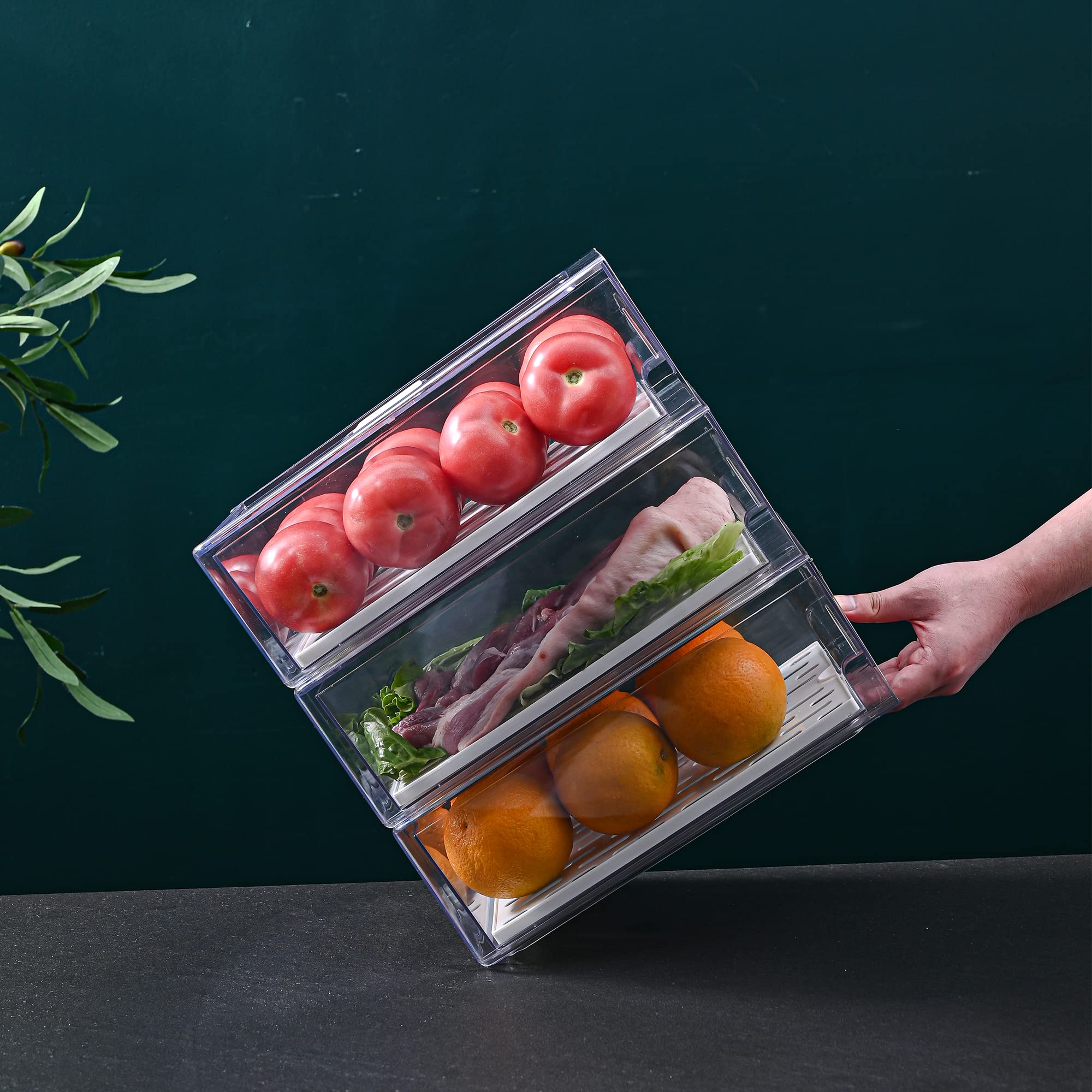 Diskary Fridge Organizer, Stackable Refrigerator Organizer Bins, Food Storage Containers With Pull-Out Drawer, Clear Pantry Stor