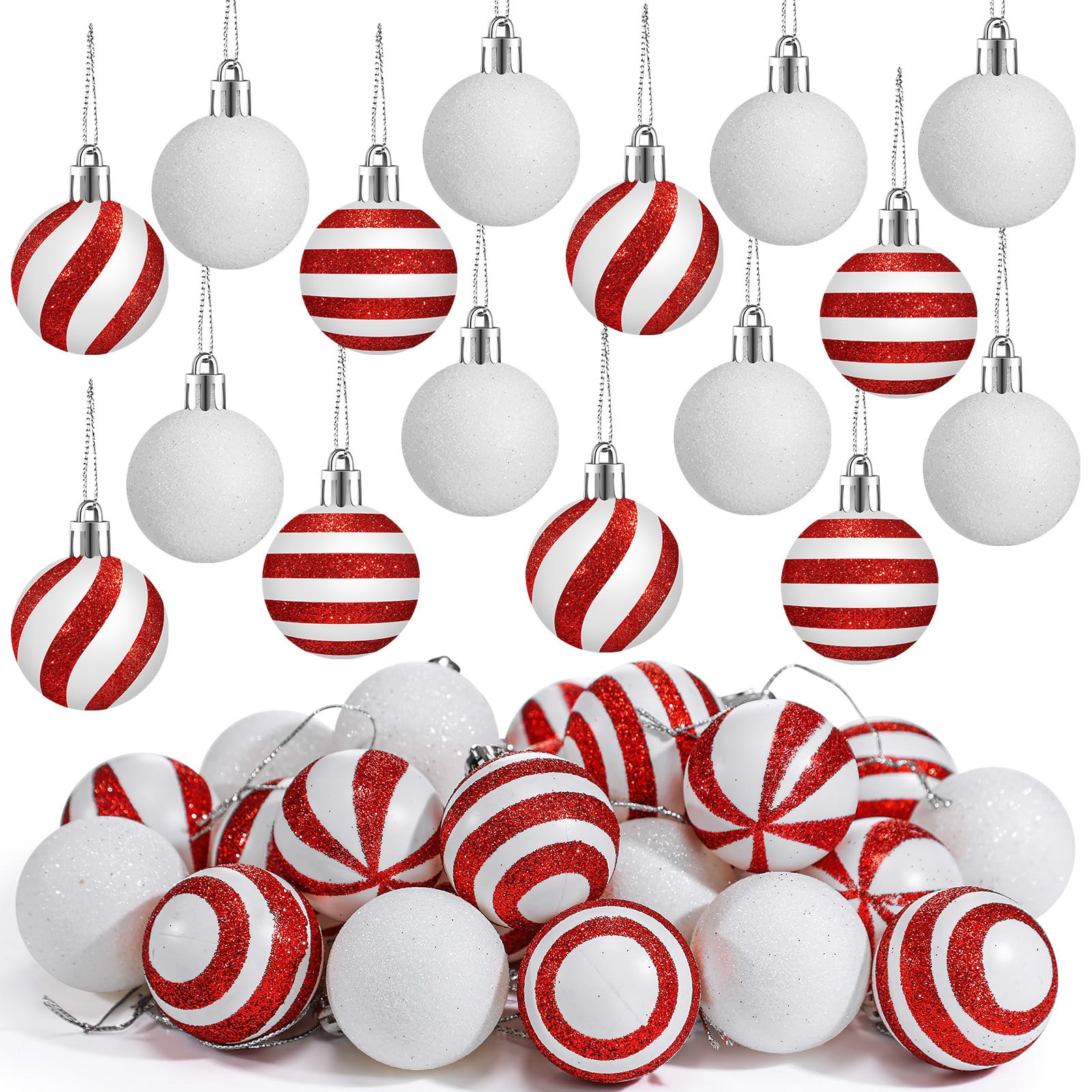 Motionchic 24 Pcs Christmas Ball Ornaments Hanging Glitter Shatterproof Mini Candy Balls Red and White Plastic Christmas Tree De