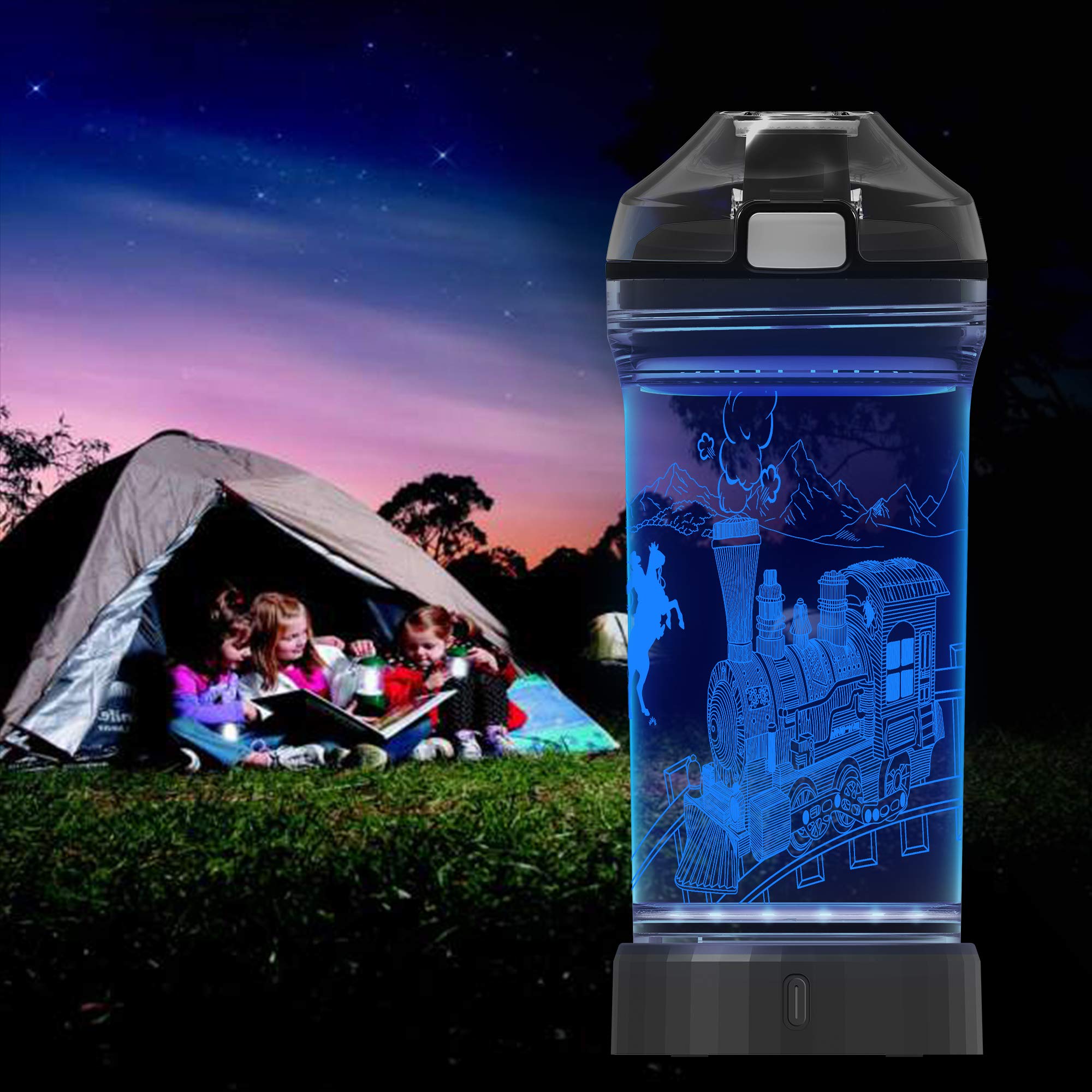Lightzz Kids Water Bottle with 3D Glowing Train LED Light - Tritan BPA Free - Creative Ideal Travel Cup Train Engine Gift for Back to School Girl Boy Child Holiday Camping Picnic (Train Engine 14 Oz)