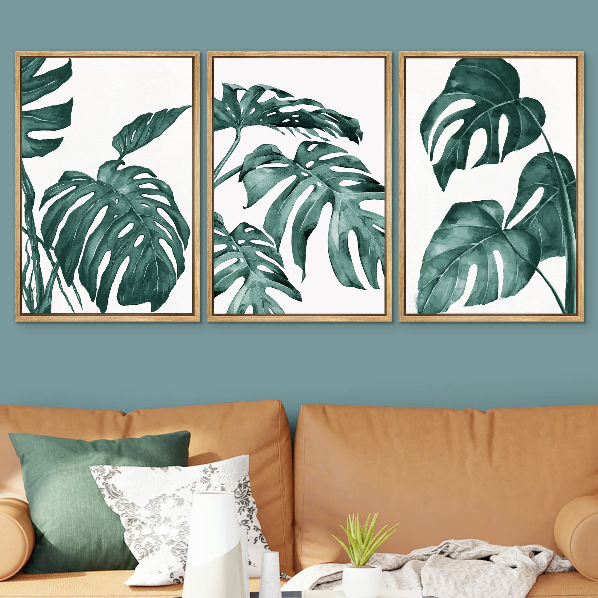 Signwin 3 Piece Framed Canvas Wall Art Tropical Plant Leaves Canvas Prints Home Artwork Decoration For Living Room,Bedroom - 16'