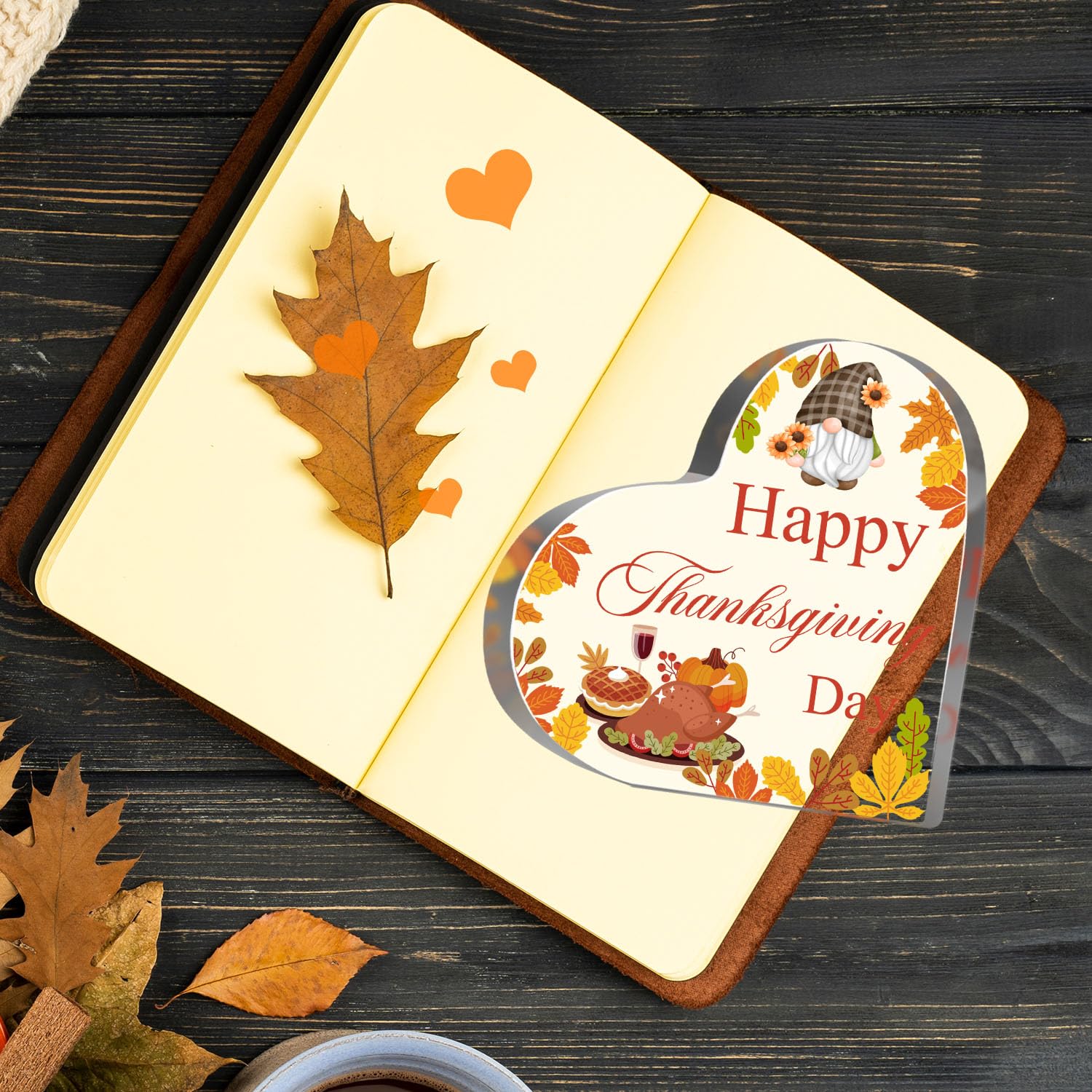 Happy Thanksgiving Gifts for Women Men, Pumpkin Gnomes Decorations Sign for Home Office, Autumn Acrylic Heart Shaped Plaque, Fal