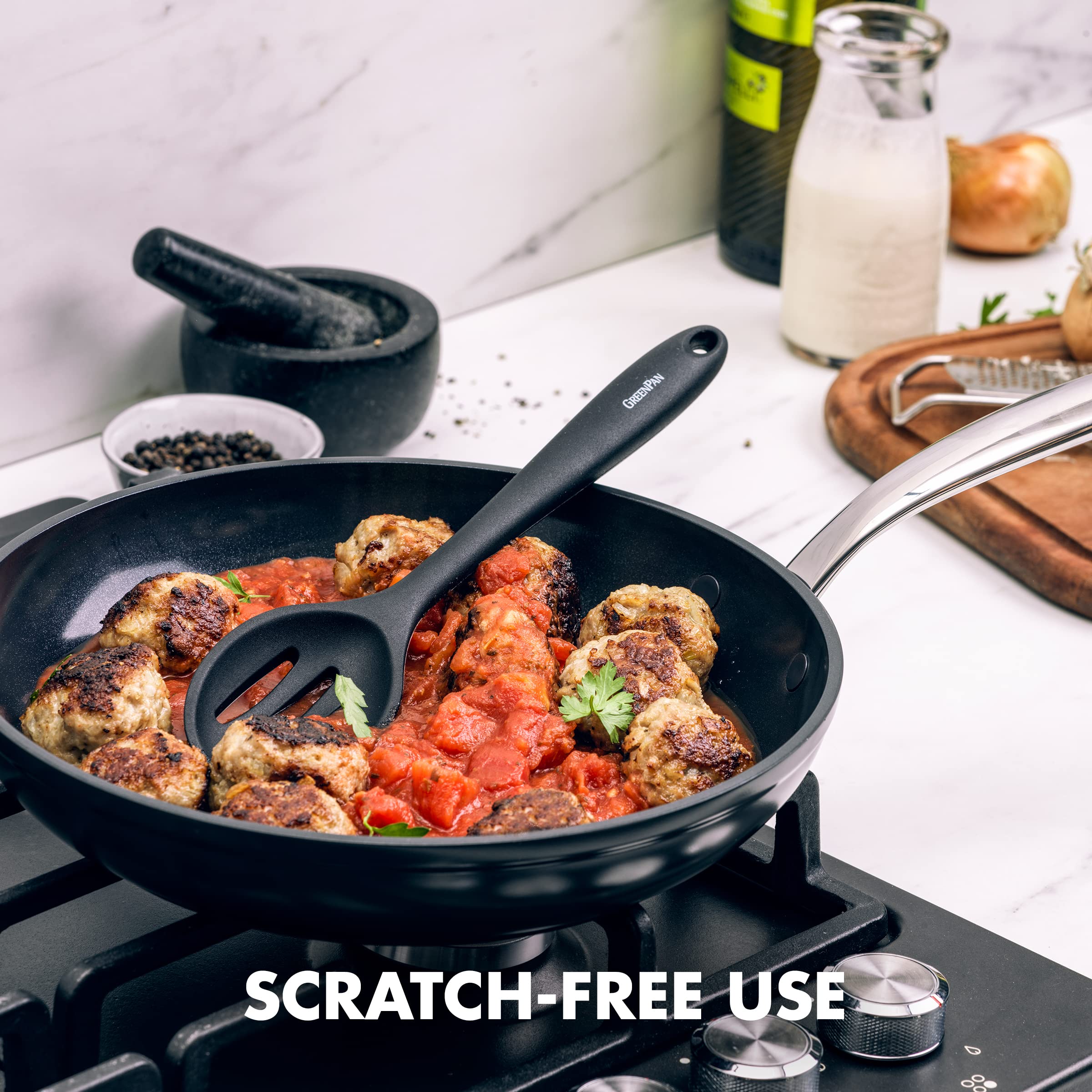GreenPan 5 Piece Silicone Cooking Utensil Set - Nonstick, Stain-Free, Black - Tongs, Turner, Spatula, Skimmer, Slotted Spoon