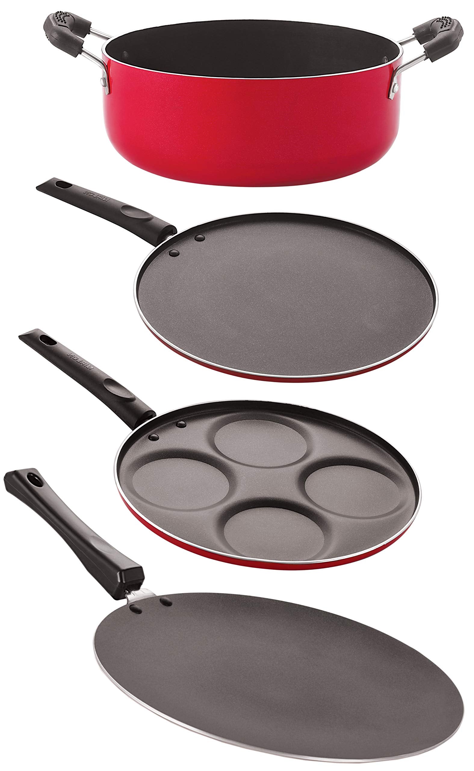 Nirlon Aluminium Nonstick Cookware Pots And Pans 4 Pieces Set, (Concave Tawa 27.5Cm + Uttapam 4 Cavity + Smart Tawa 29Cm + Casse