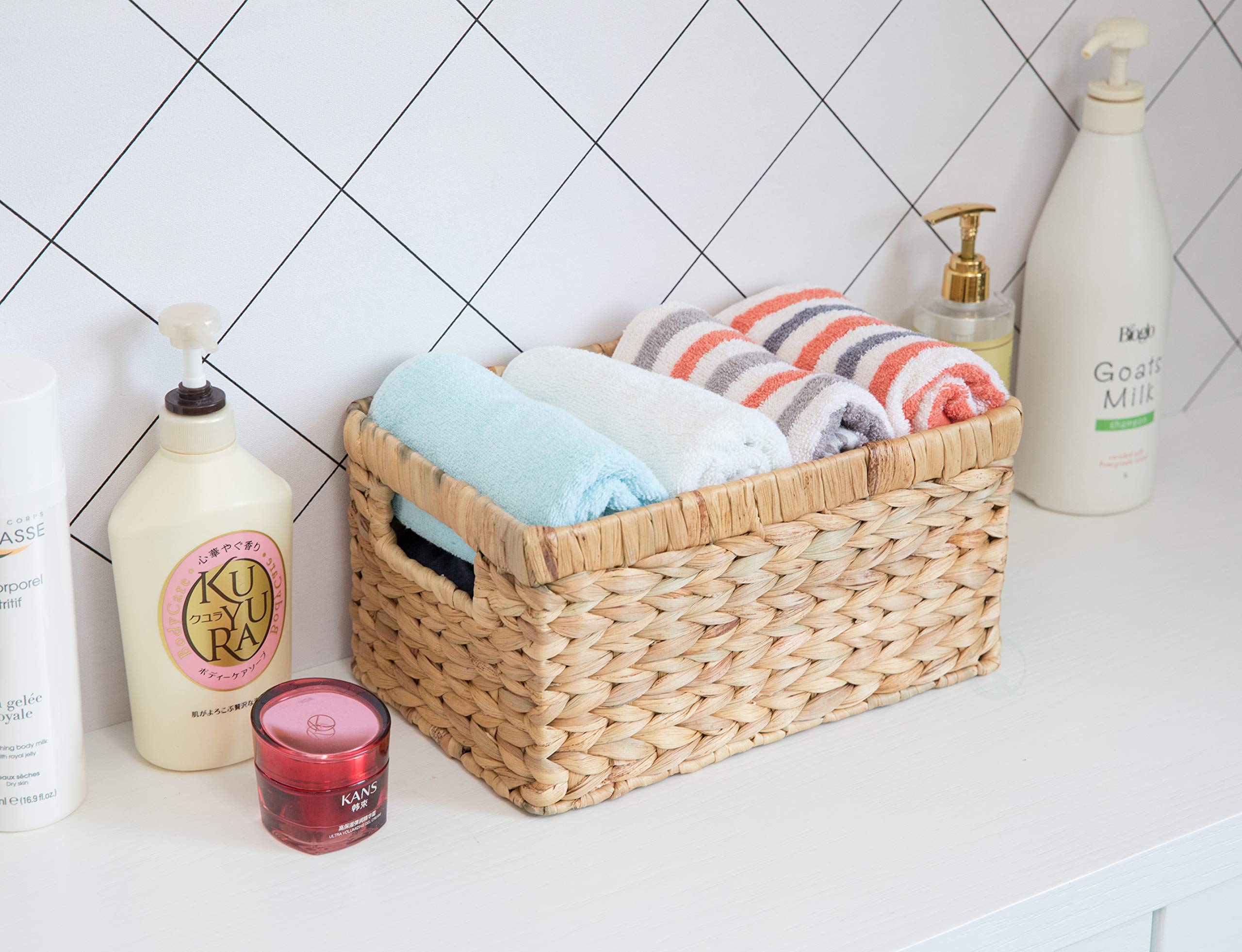 Natural Woven Water Hyacinth Wicker Rectangular Storage Bin Basket With Handles, Small