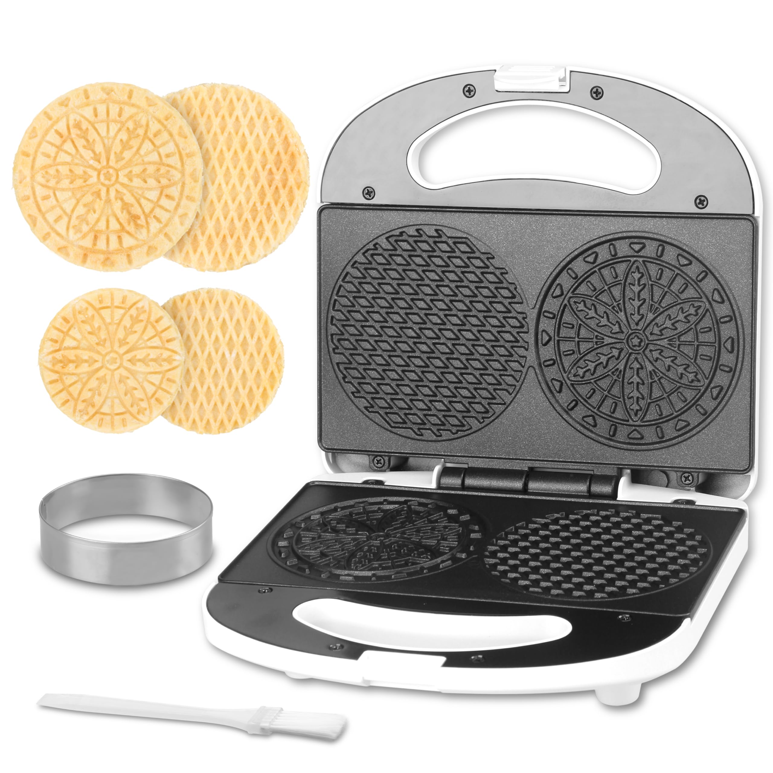 SugarWhisk Mini Pizzelle Maker Machine with a 3 Cutter, Mini Stroopwafel Iron, Bake 2 x 4 Pizzelles or 3 Stroopwafels, Exc