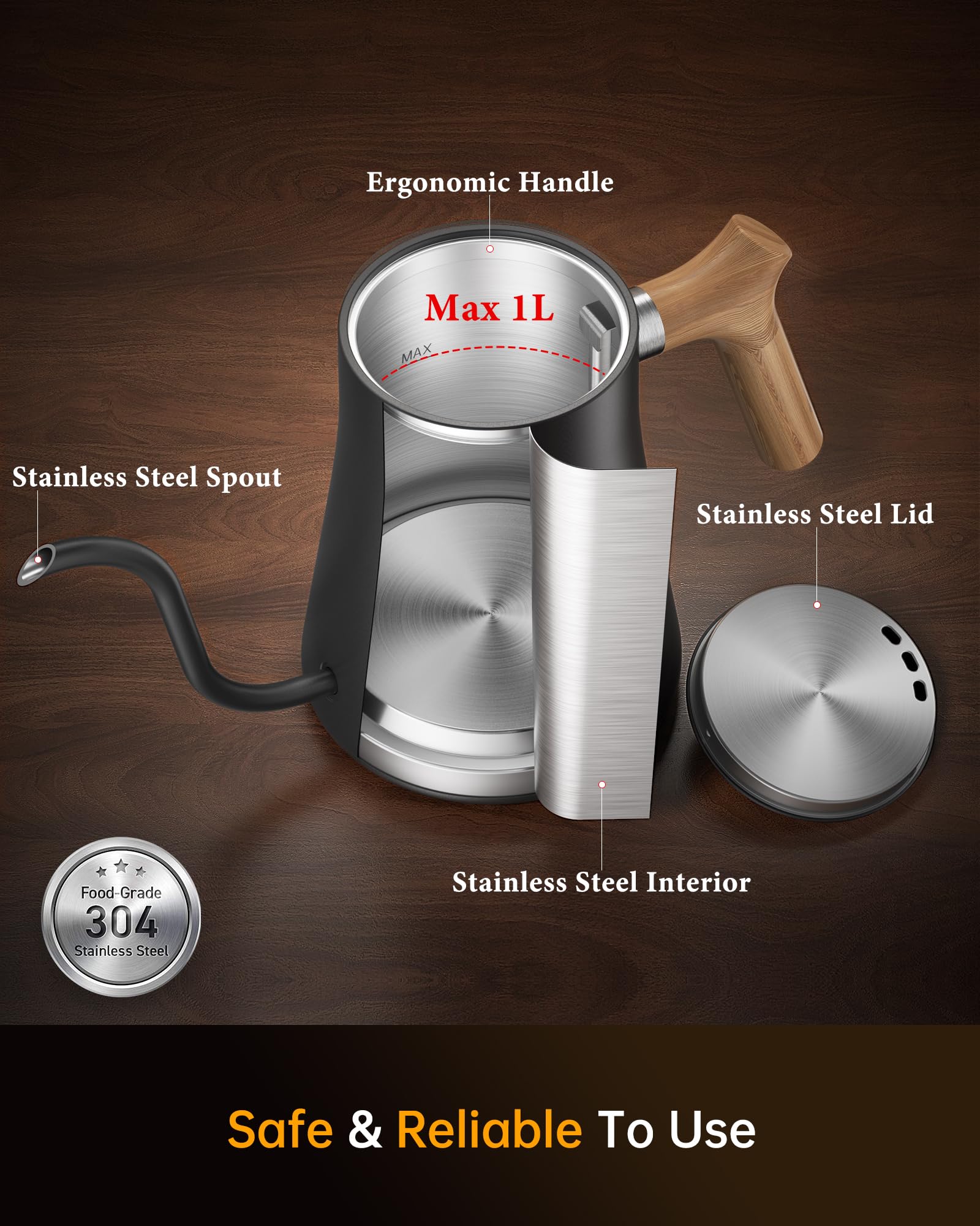 Fabuletta Gooseneck Electric Water Kettle, 3 Minutes Quick Heating, 1200W Pour Over Kettle For Coffee & Tea, Precise Water Flow