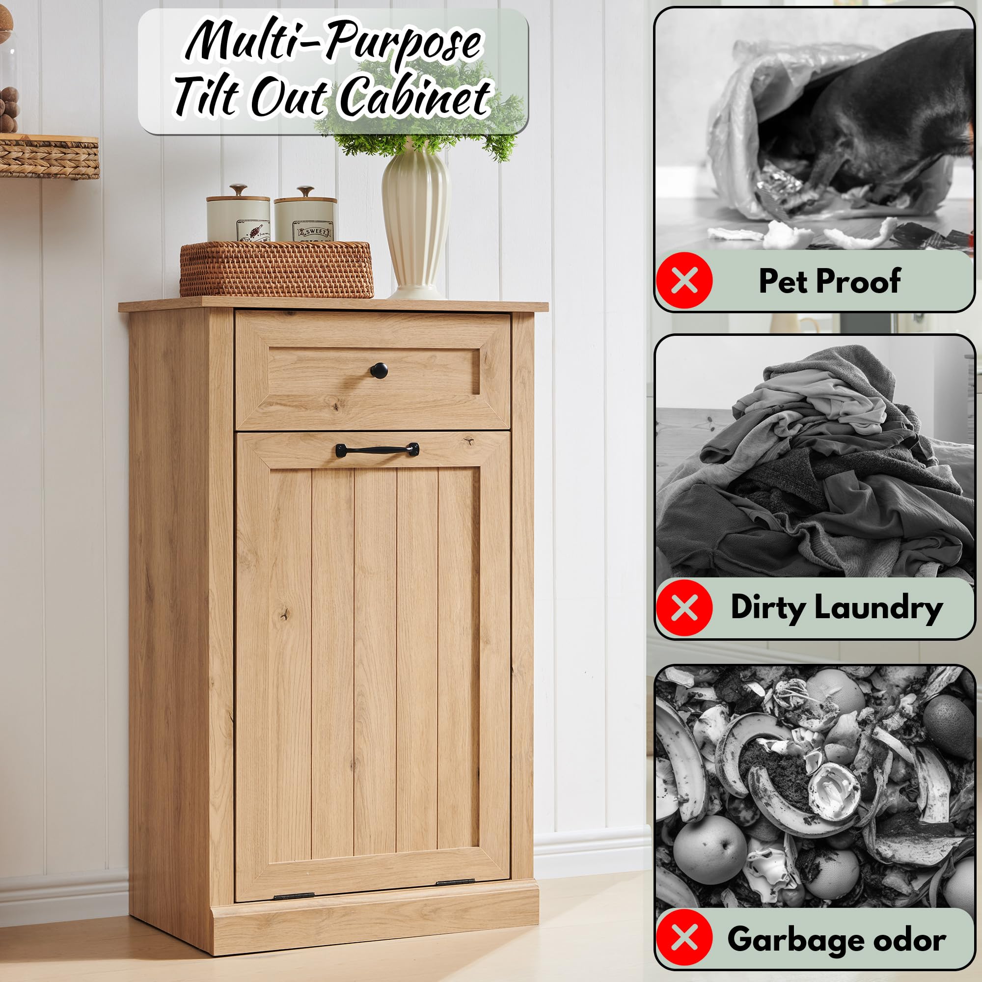 Ifbuy Tilt Out Laundry Hamper Cabinet, 10 Gallon Farmhouse Trash Can Cabinet With Drawer, Hidden Wood Garbage Can Bin Cabinets W