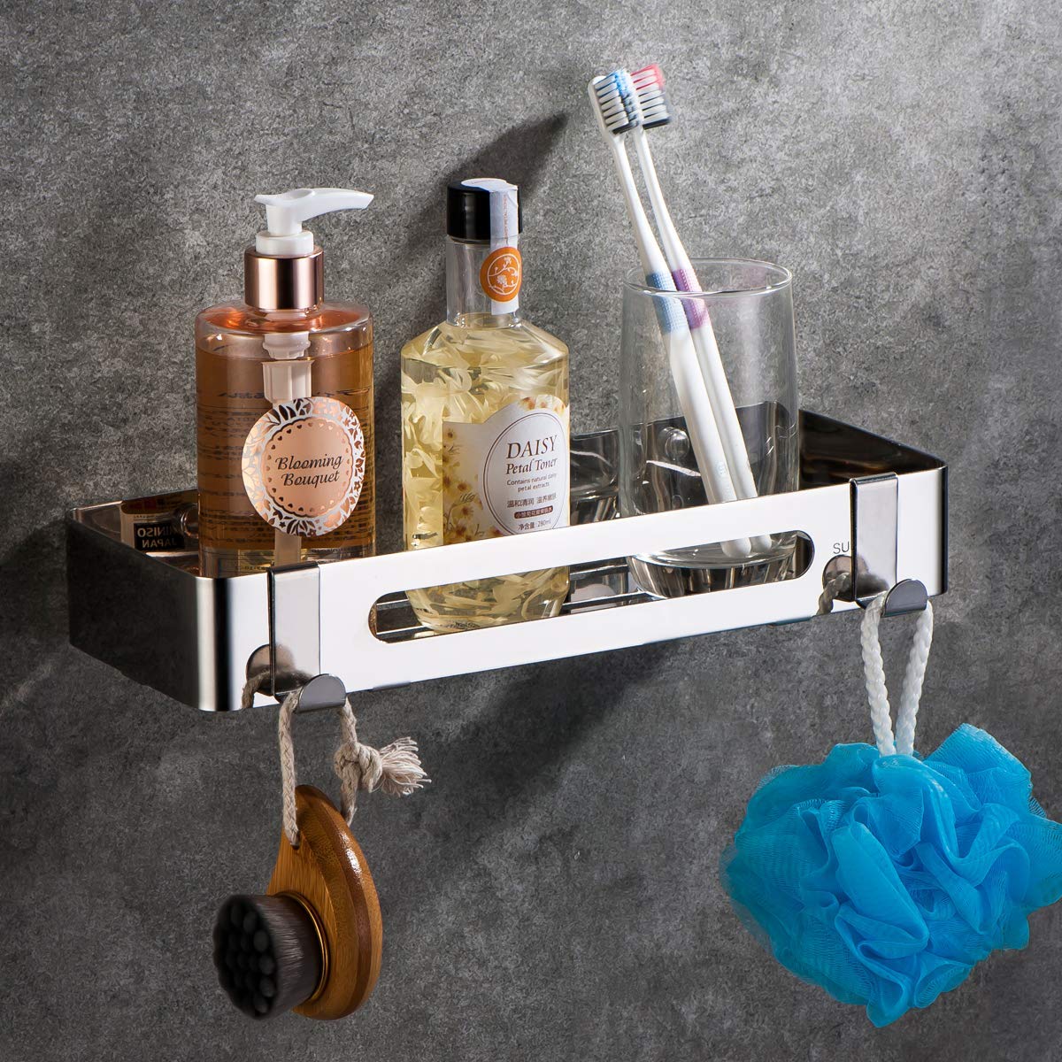 Tagve 304 Stainless Steel Wall Mount Shower Basket Hanging Rack Bathroom Storage Organizer With 2 Hooks Polished Finish Rustproo
