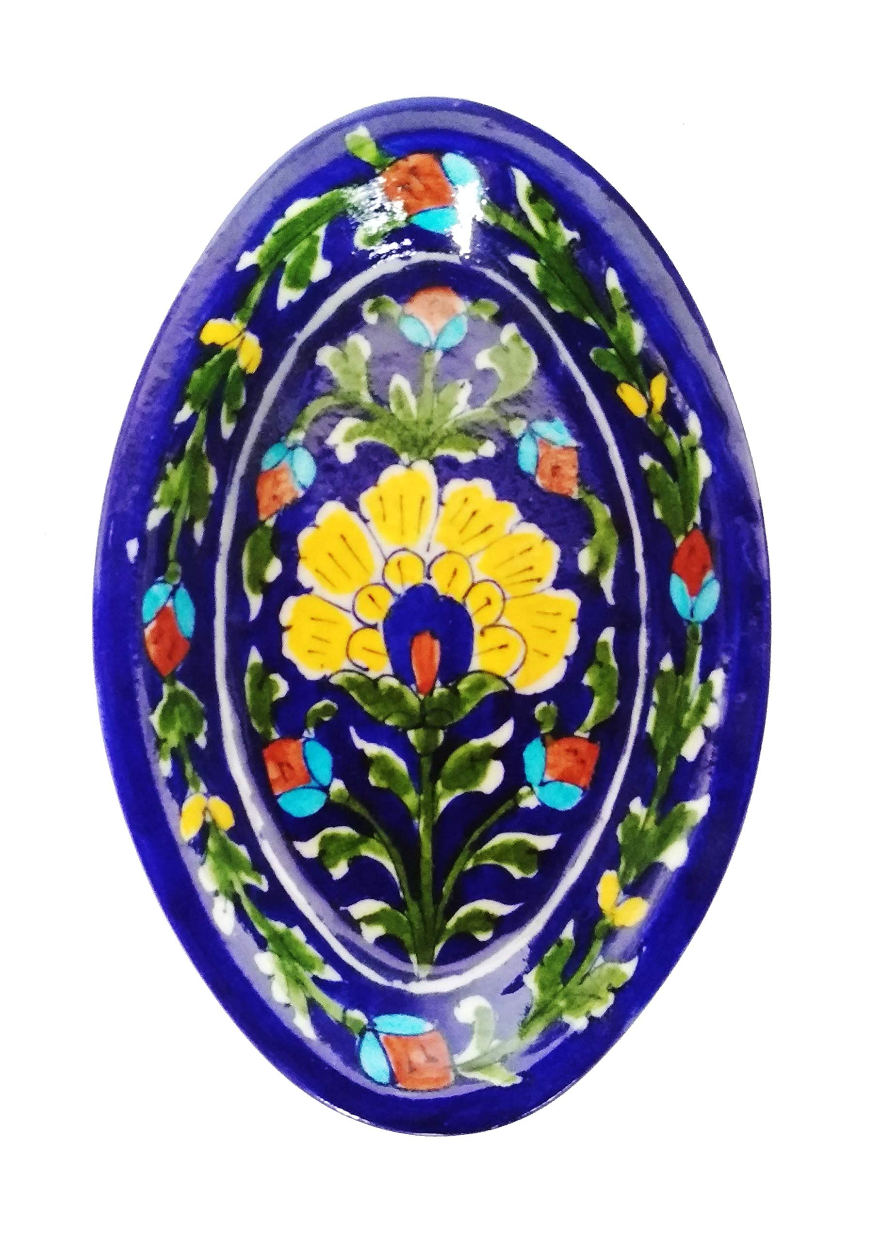 Shiv Kripa Blue Pottery Art Decorative Hand Painted Ceramic Oval Tray (19Cm X 12.5Cm X 3Cm)