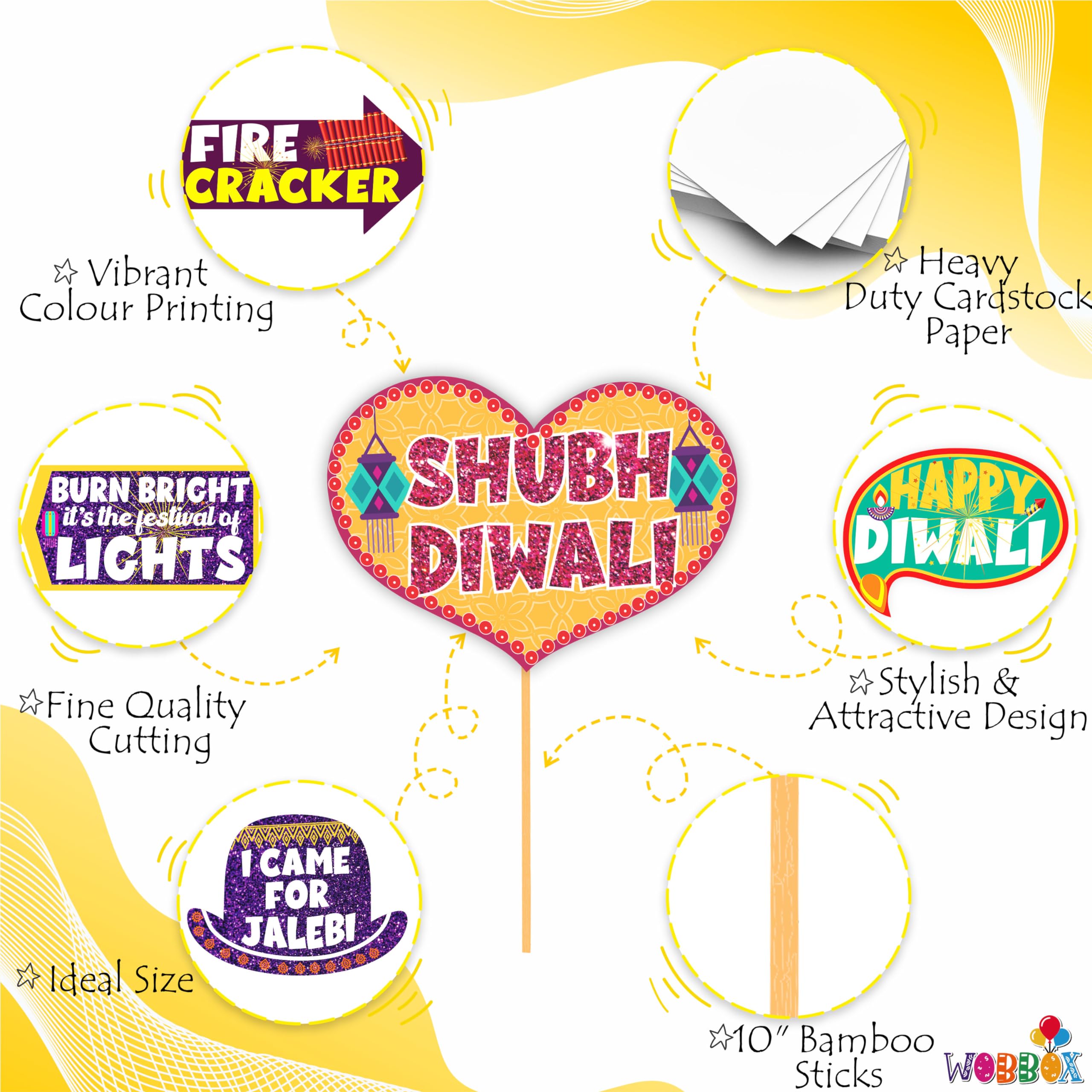 WOBBOX Diwali Decoration Happy Diwali Photo Booth Party Props, Yellow & Purple Colour, Diwali Decoration Item, Diwali Dcor Items