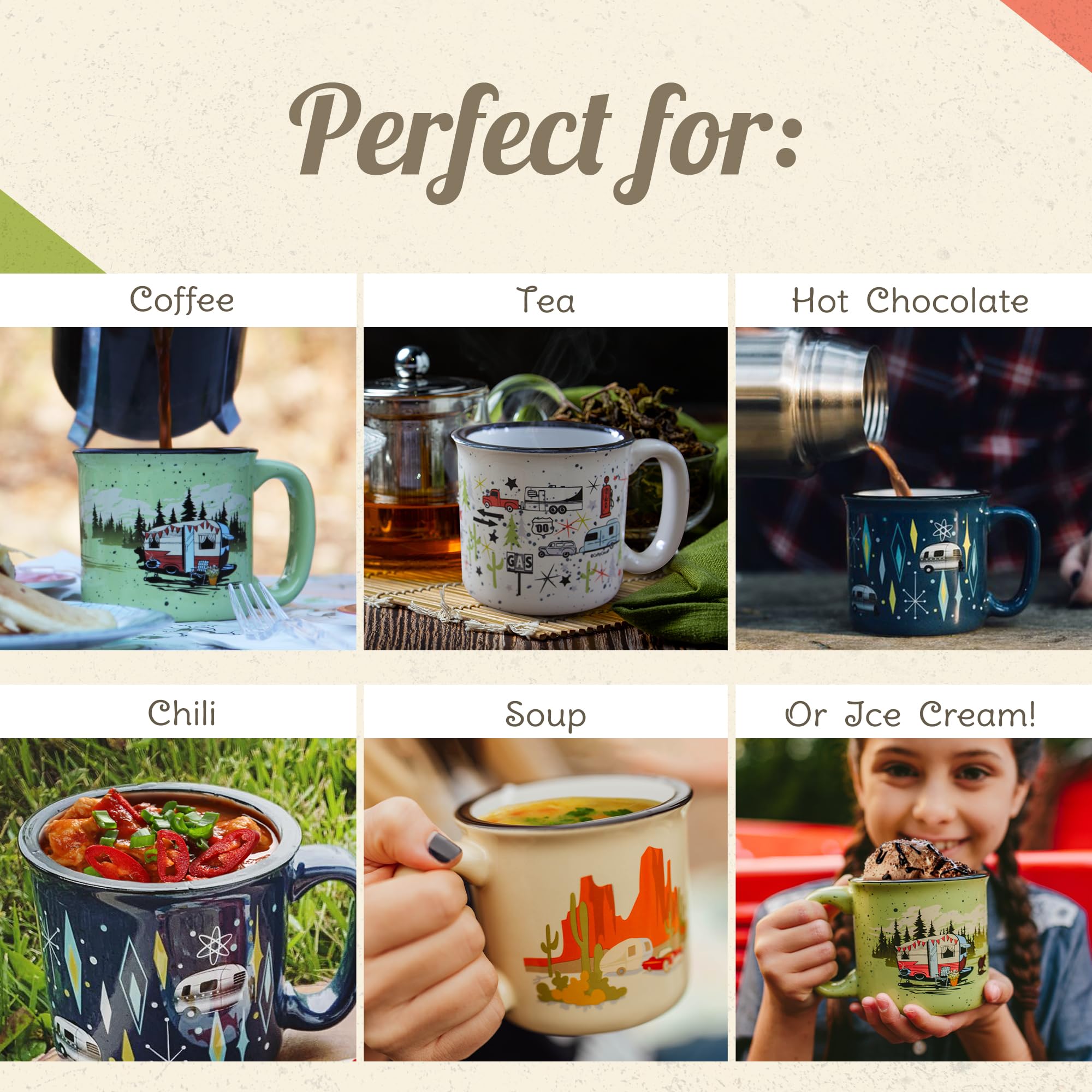 Ceramic Coffee Mug - 15 oz Retro Inspired Camping Mug - for Hot & Cold Drinks - Works as a Tea, Soup, & Coffee Mug - Stylish, Ve